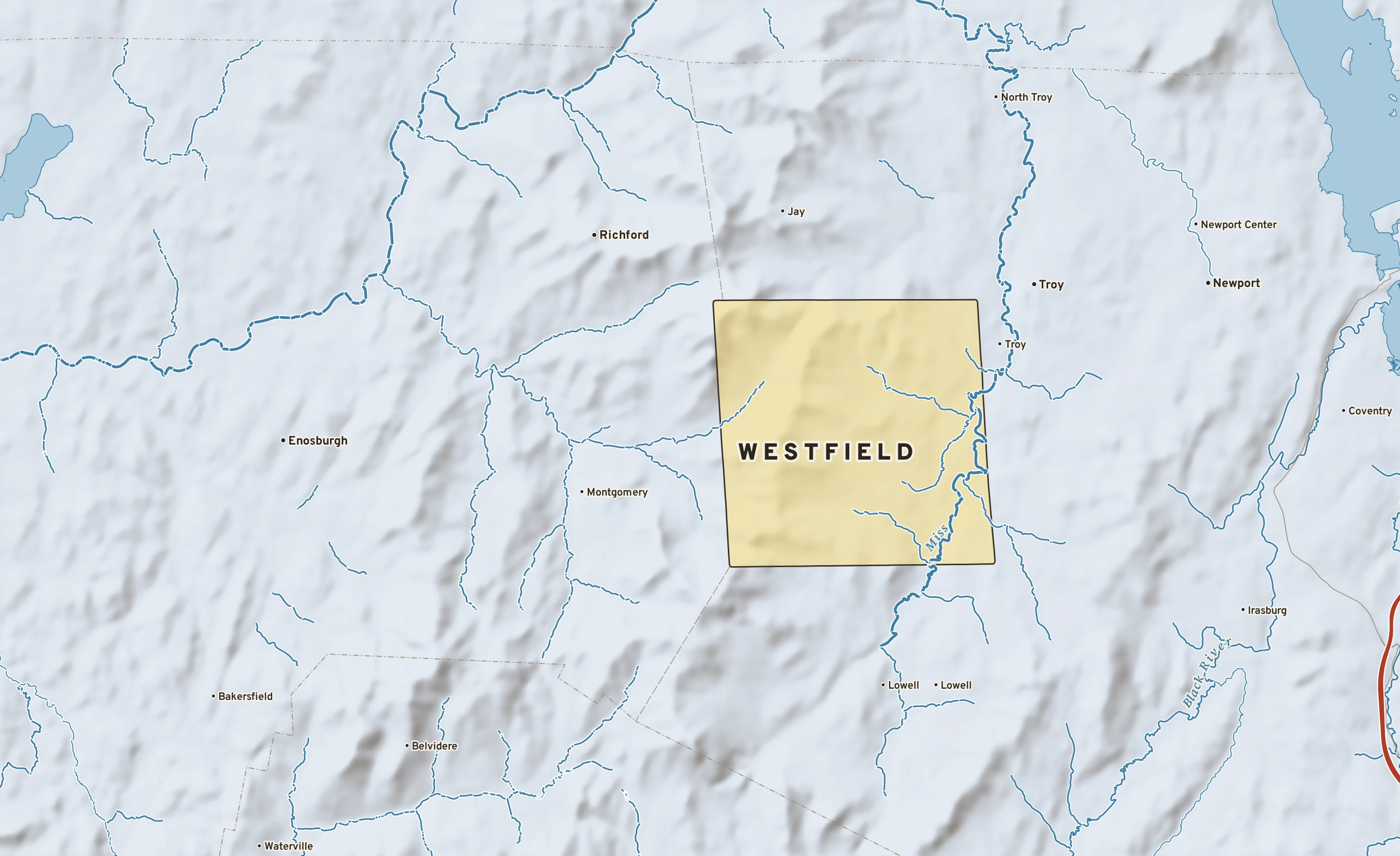 Shaded-relief atlas plate of Westfield, Vermont: rivers, roads, the city limits and where the water drains.