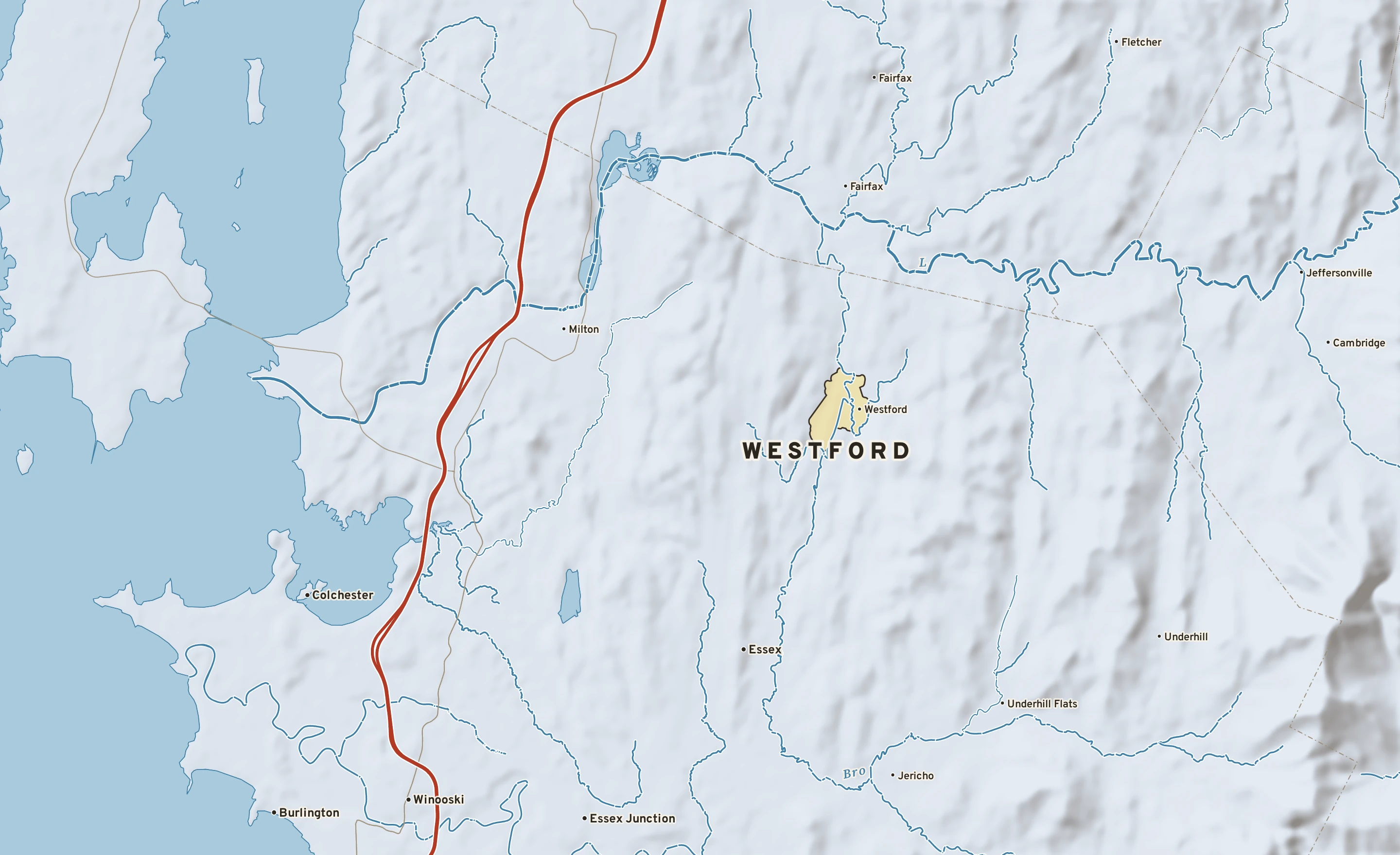 Shaded-relief atlas plate of Westford, Vermont: rivers, roads, the city limits and where the water drains.