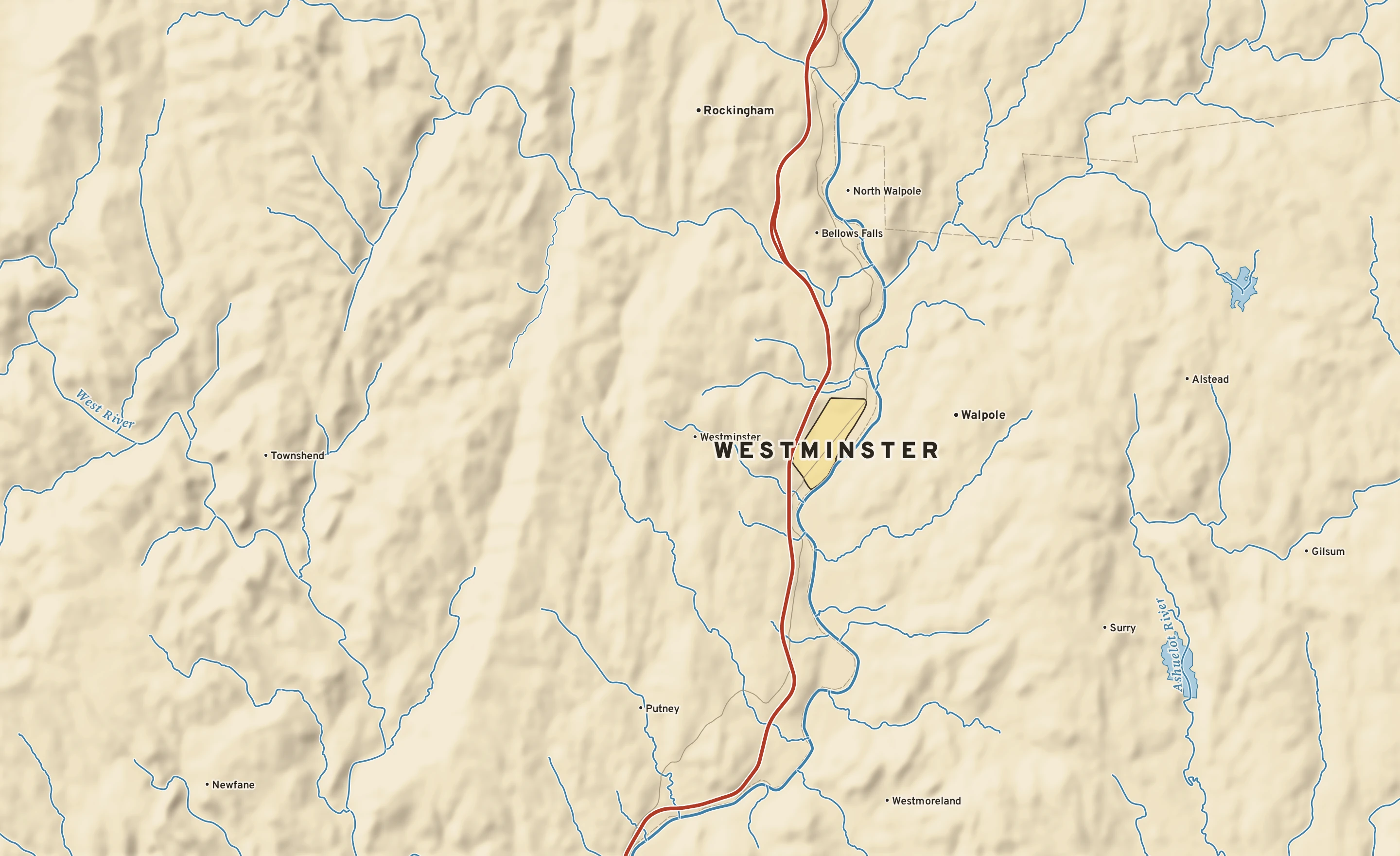 Shaded-relief atlas plate of Westminster, Vermont: rivers, roads, the city limits and where the water drains.