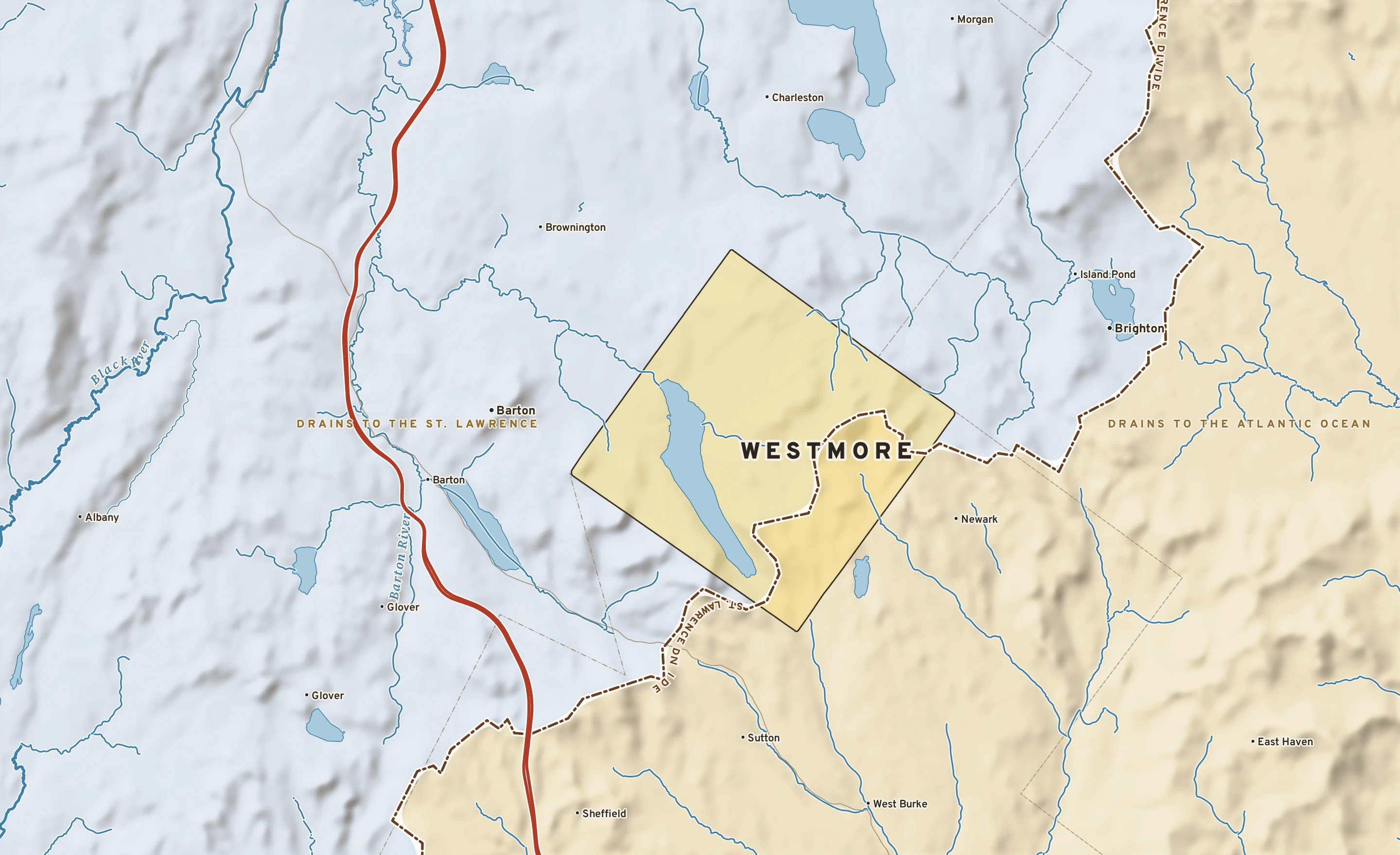 Shaded-relief atlas plate of Westmore, Vermont: rivers, roads, the city limits and where the water drains.