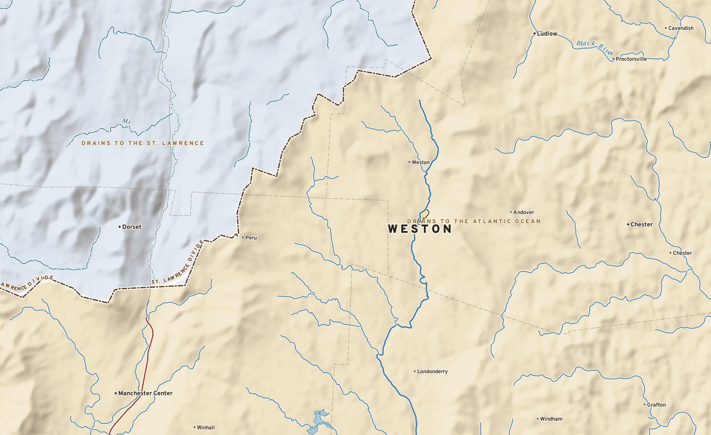 Shaded-relief atlas plate of Weston, Vermont: rivers, roads, the city limits and where the water drains.