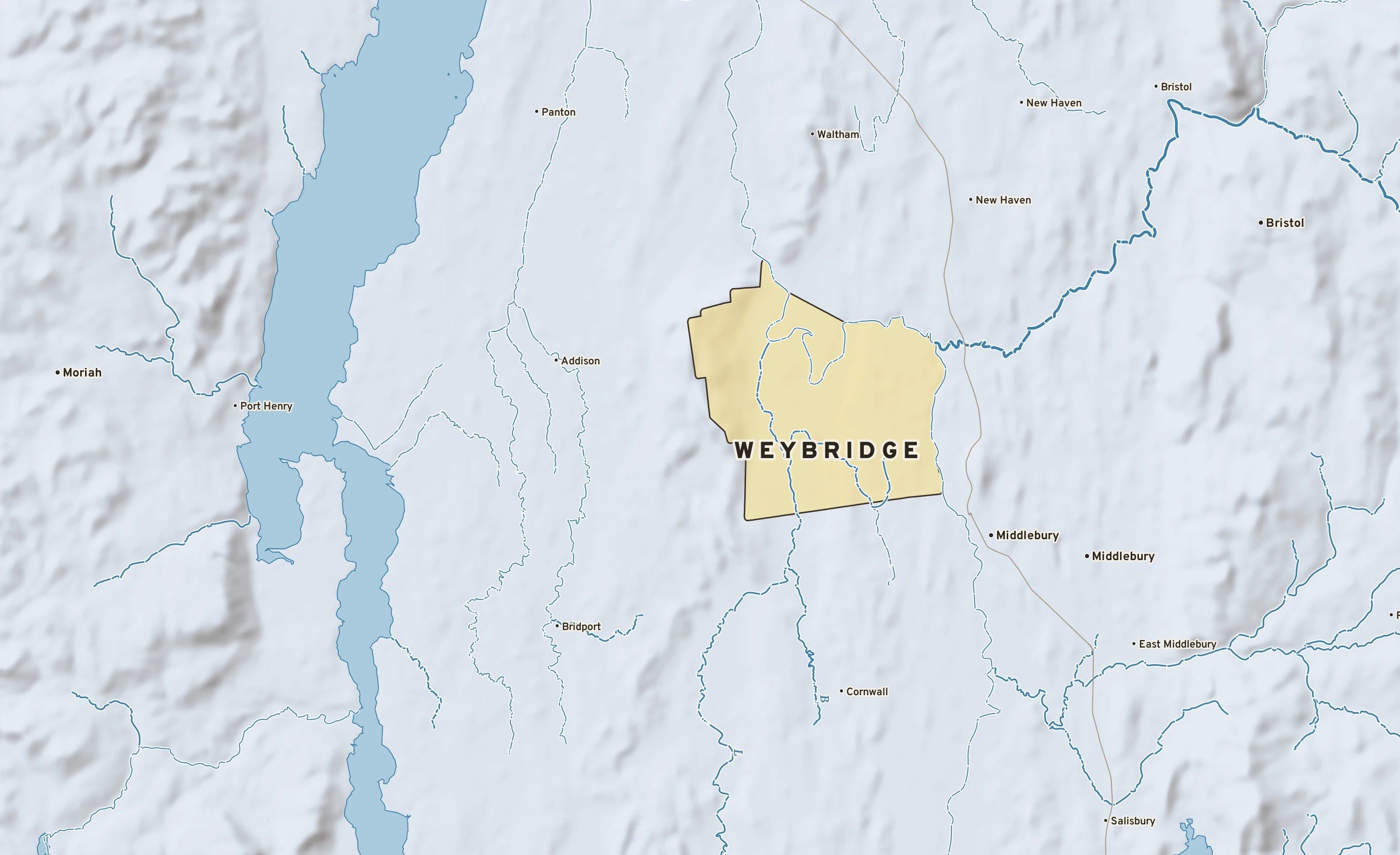 Shaded-relief atlas plate of Weybridge, Vermont: rivers, roads, the city limits and where the water drains.