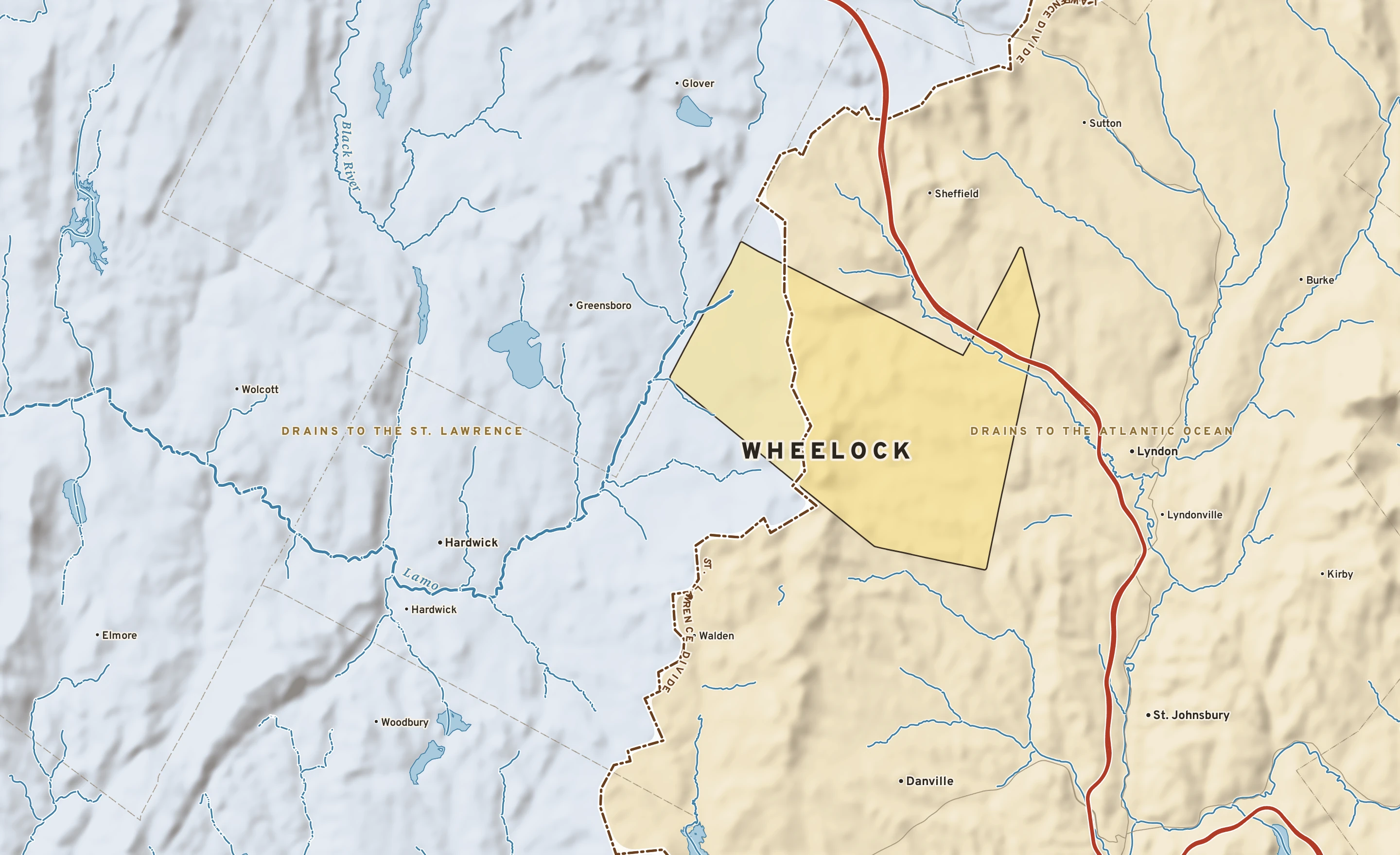 Shaded-relief atlas plate of Wheelock, Vermont: rivers, roads, the city limits and where the water drains.