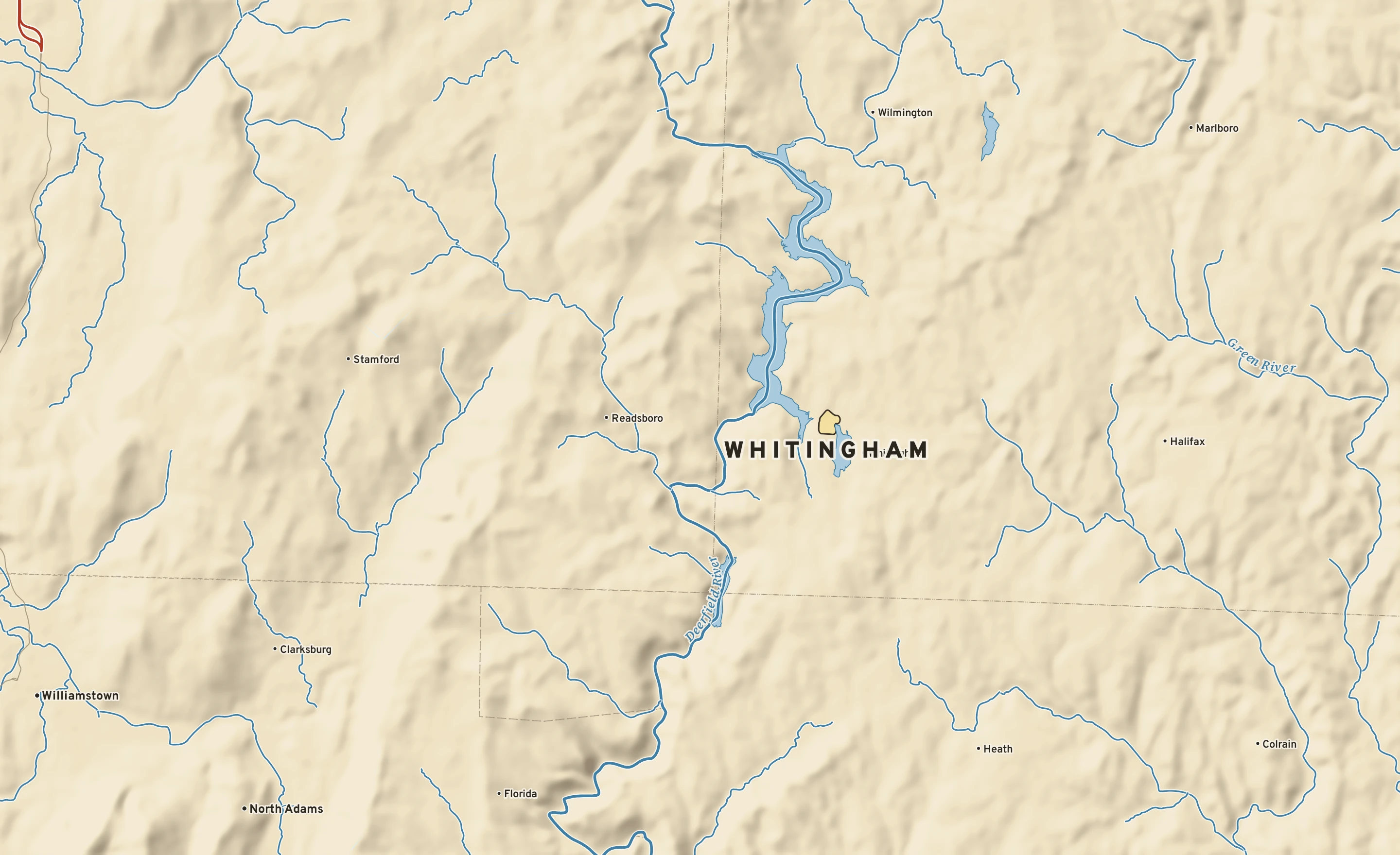 Shaded-relief atlas plate of Whitingham, Vermont: rivers, roads, the city limits and where the water drains.