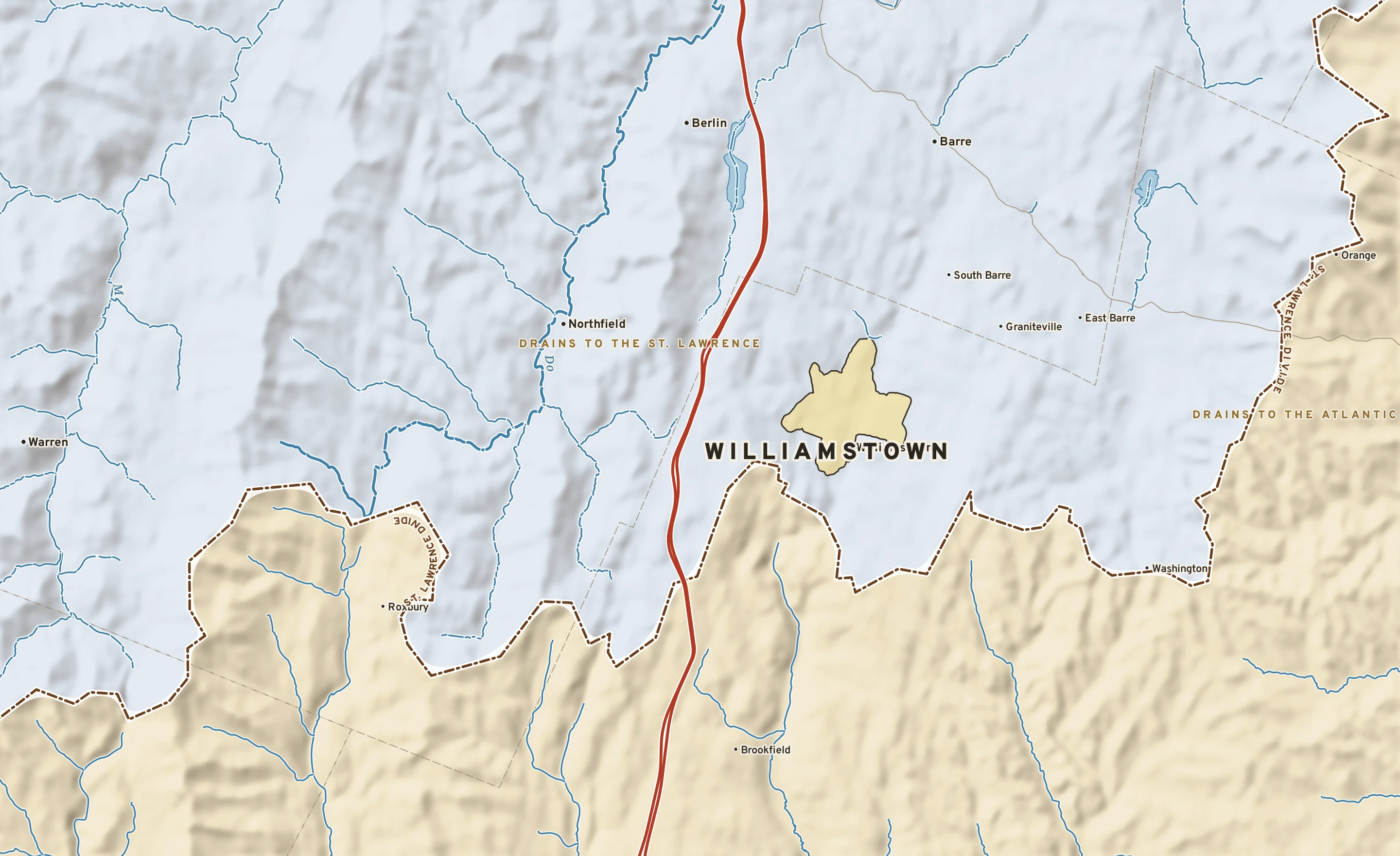 Shaded-relief atlas plate of Williamstown, Vermont: rivers, roads, the city limits and where the water drains.