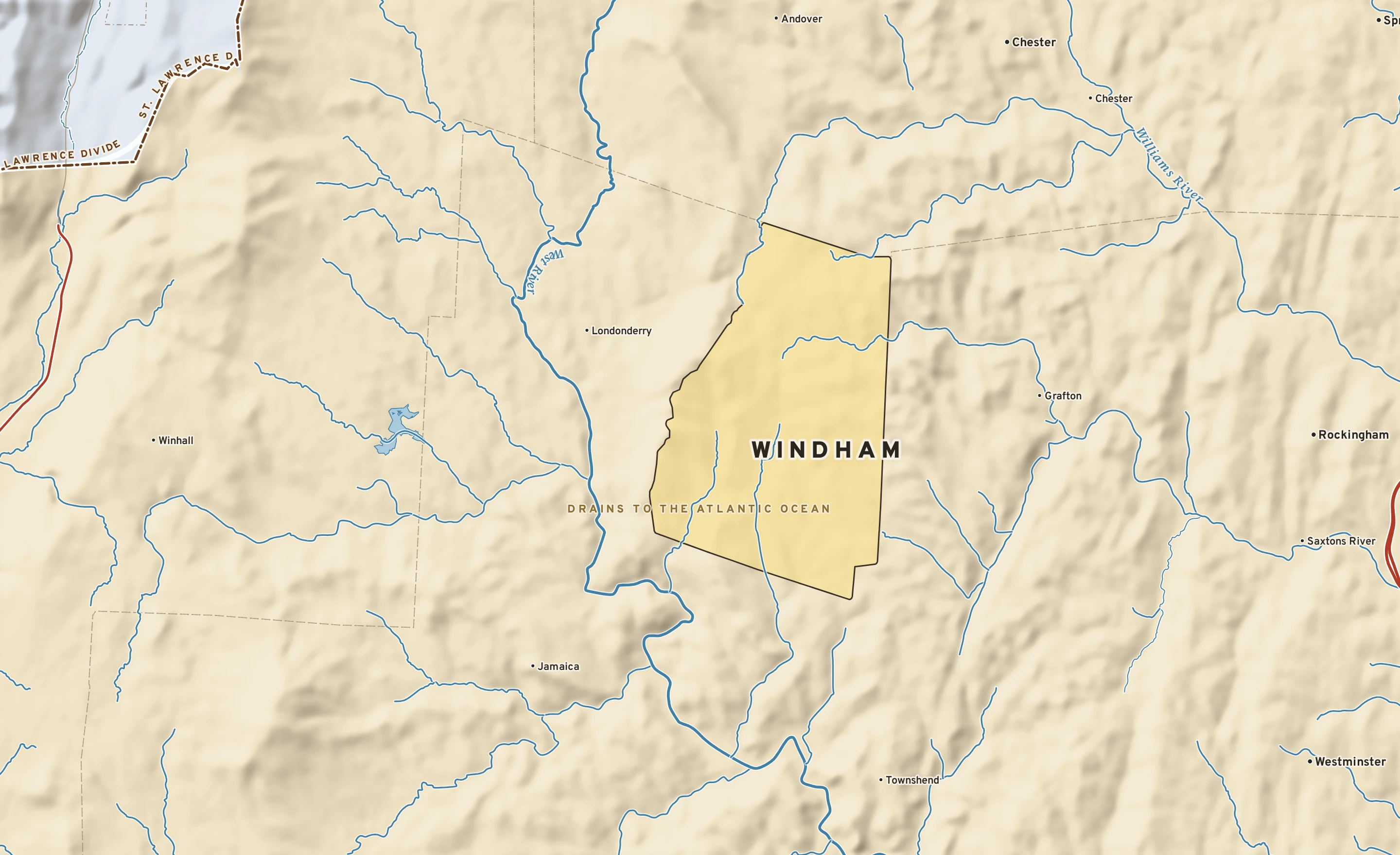 Shaded-relief atlas plate of Windham, Vermont: rivers, roads, the city limits and where the water drains.