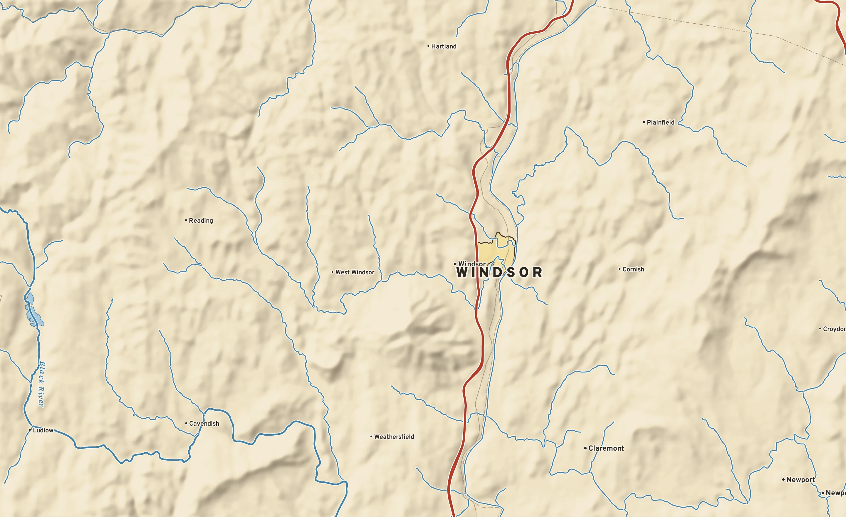 Shaded-relief atlas plate of Windsor, Vermont: rivers, roads, the city limits and where the water drains.
