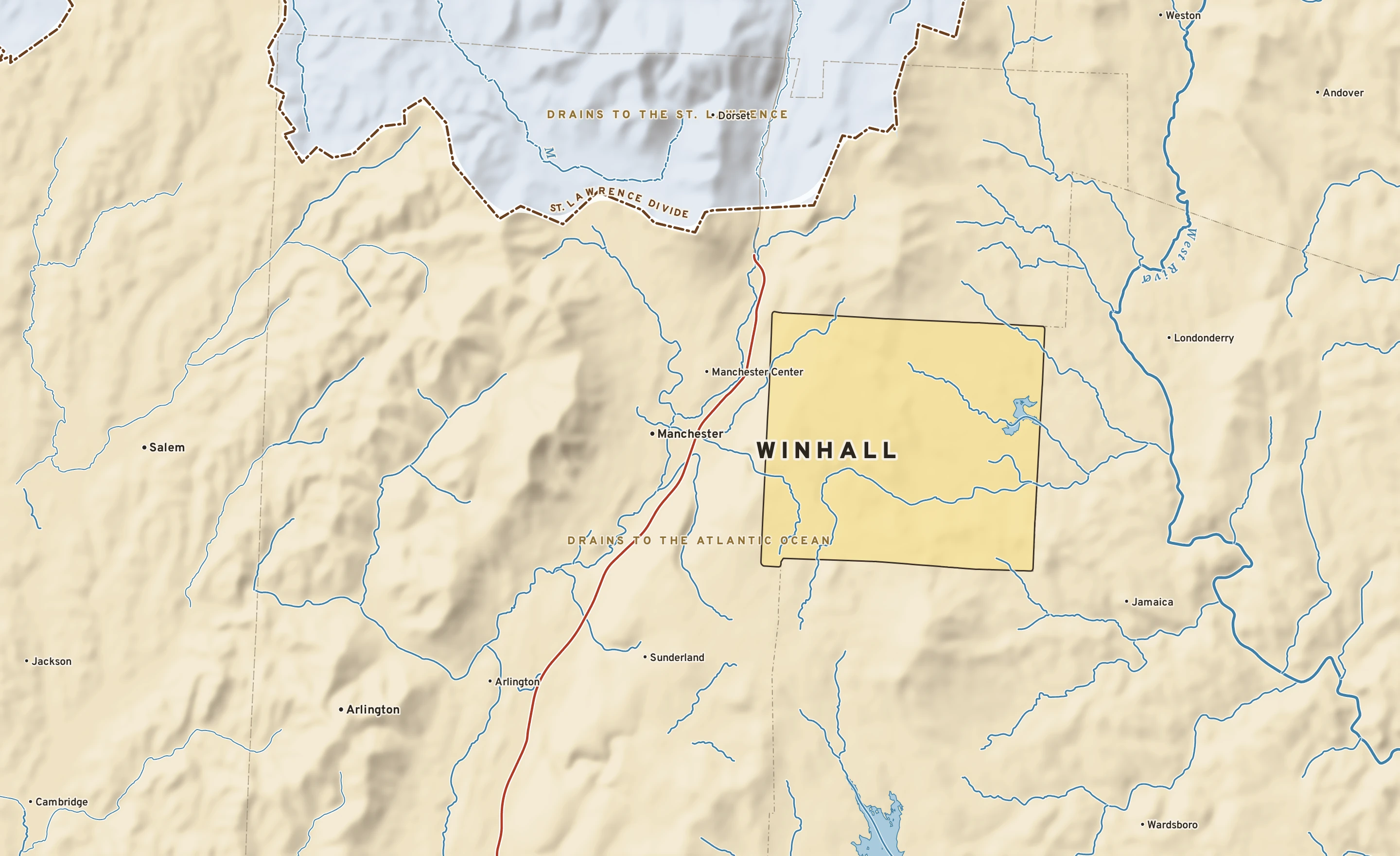 Shaded-relief atlas plate of Winhall, Vermont: rivers, roads, the city limits and where the water drains.