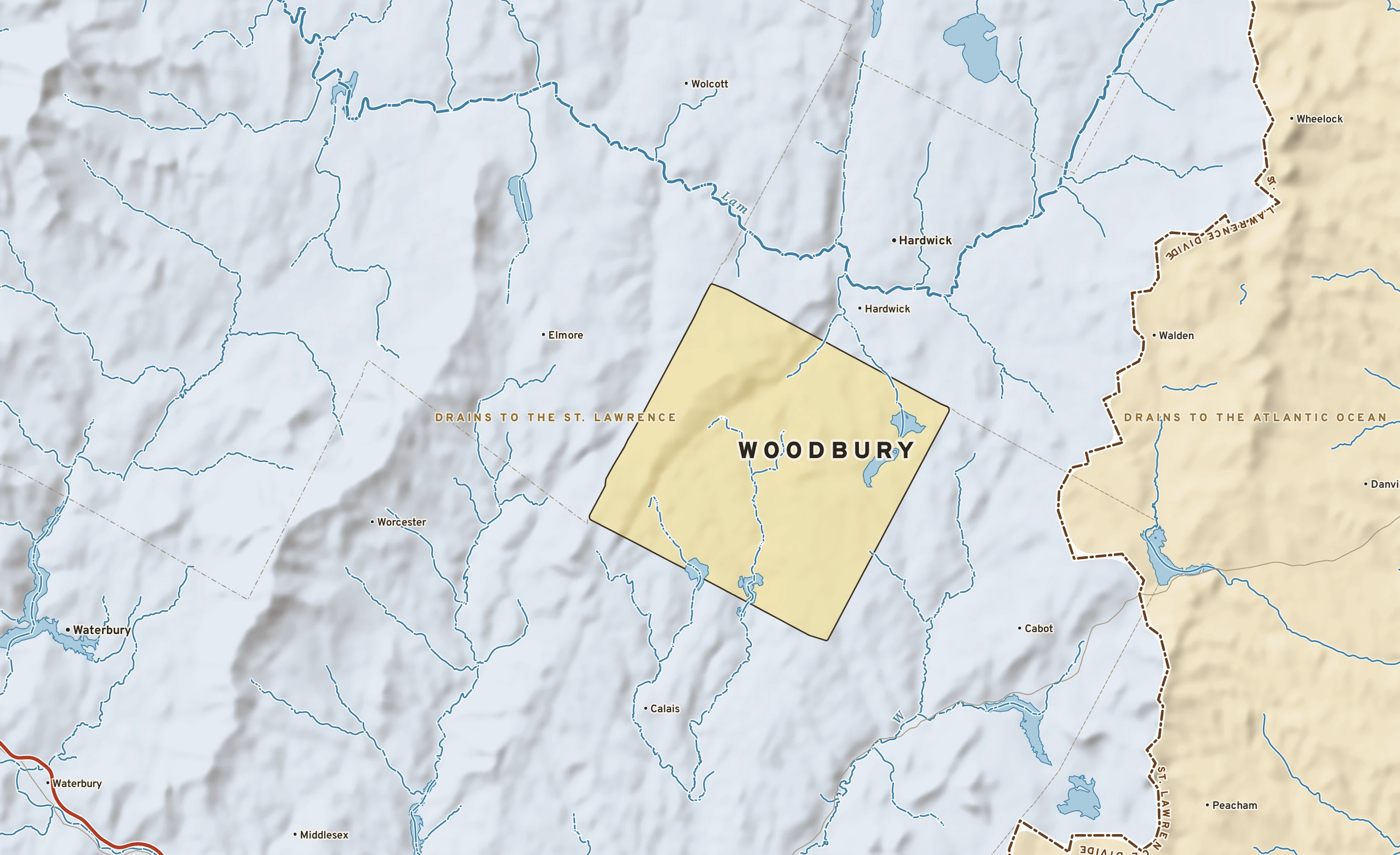 Shaded-relief atlas plate of Woodbury, Vermont: rivers, roads, the city limits and where the water drains.