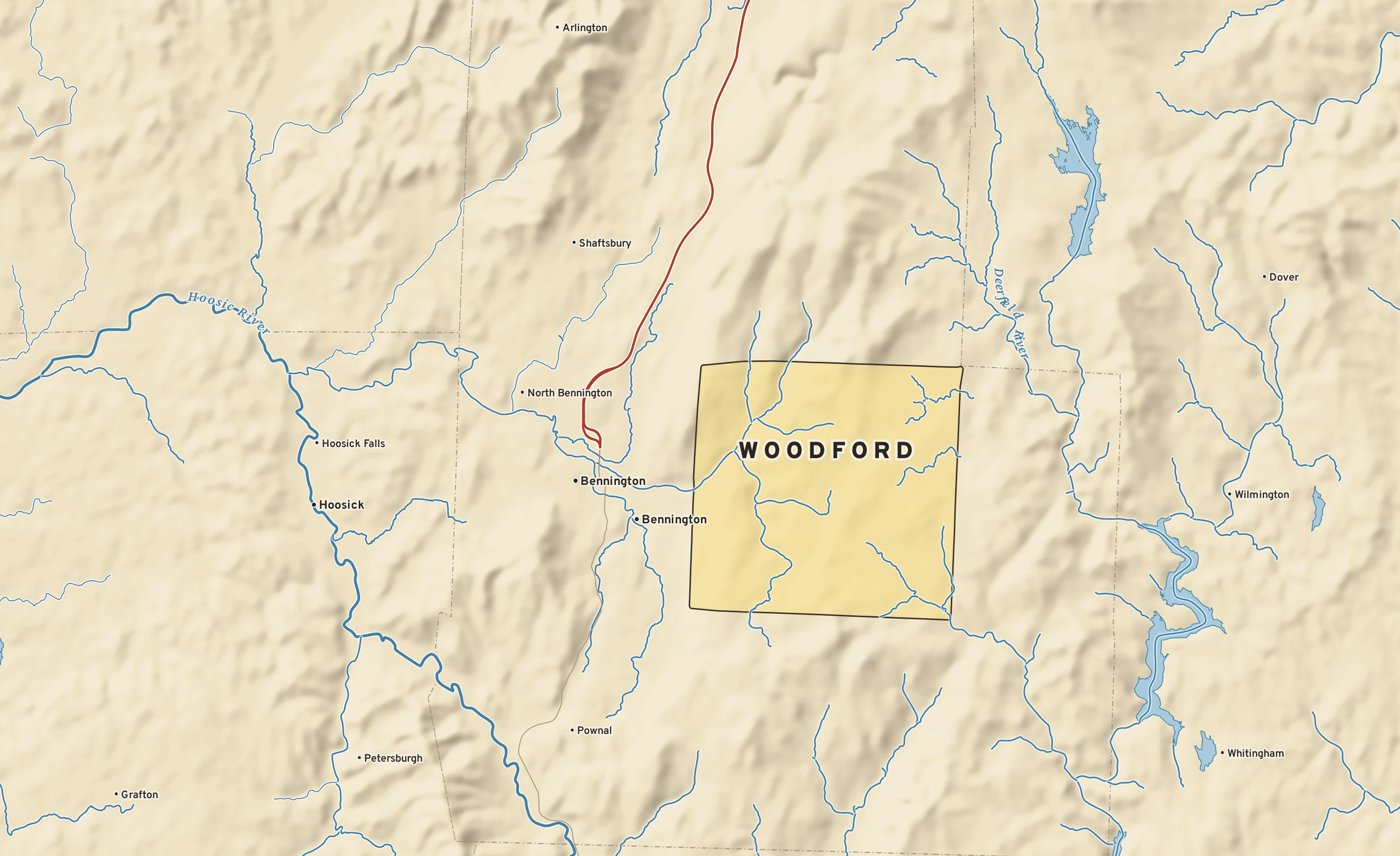 Shaded-relief atlas plate of Woodford, Vermont: rivers, roads, the city limits and where the water drains.