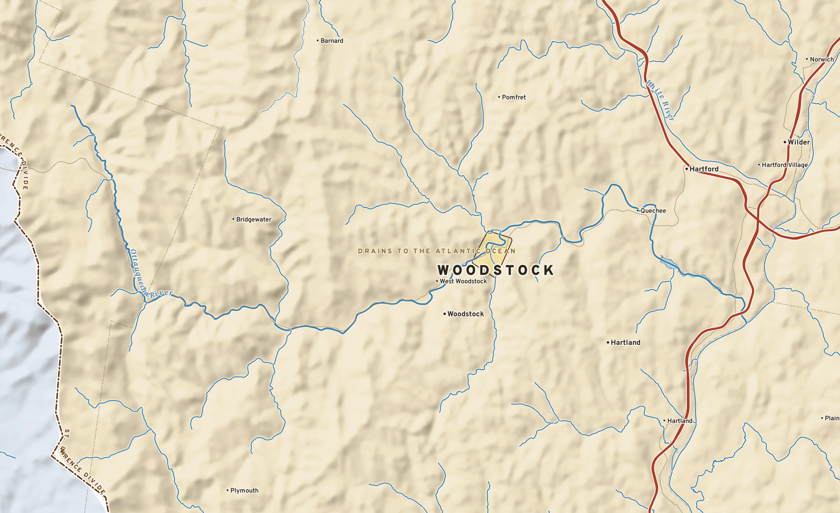 Shaded-relief atlas plate of Woodstock, Vermont: rivers, roads, the city limits and where the water drains.