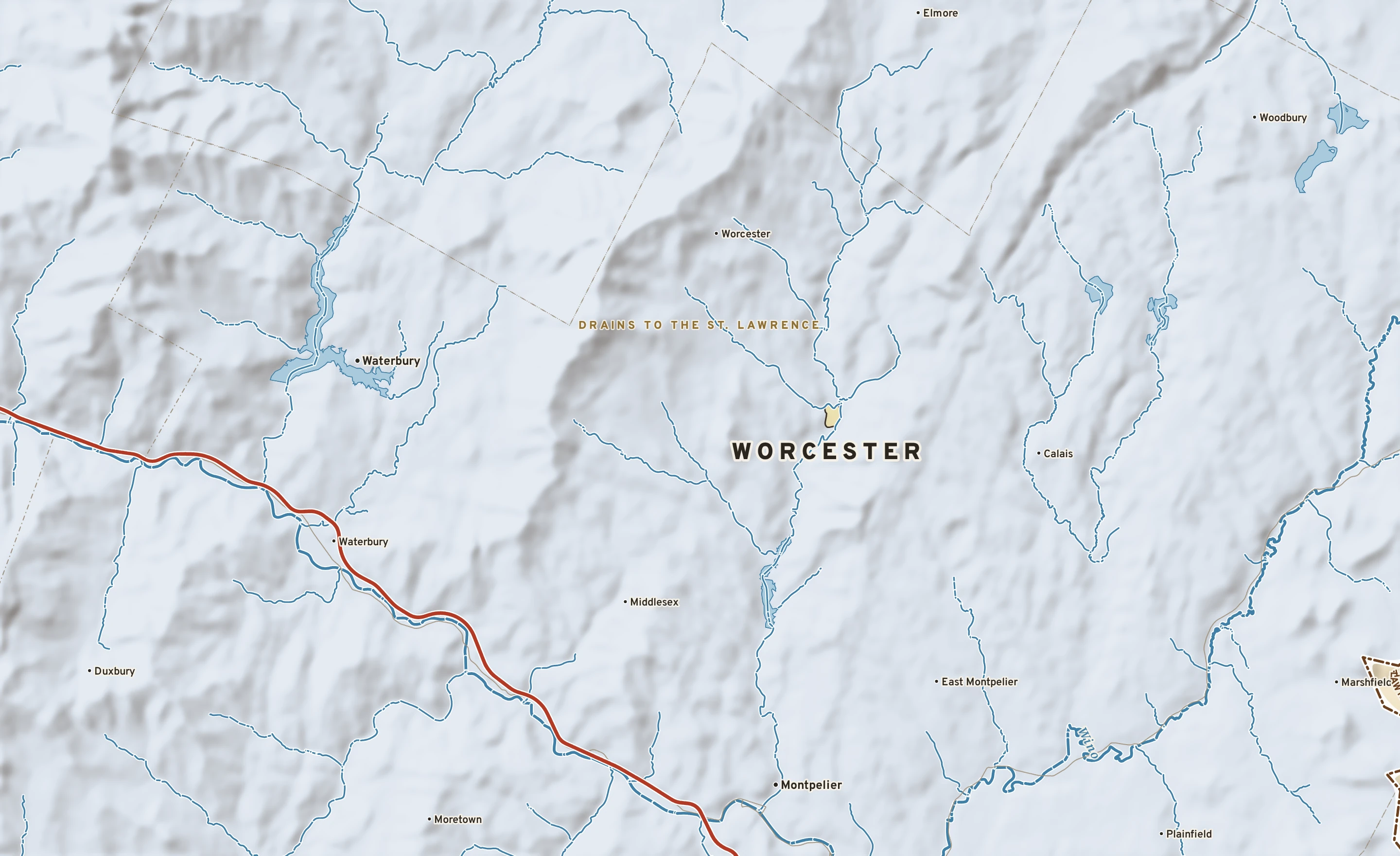 Shaded-relief atlas plate of Worcester, Vermont: rivers, roads, the city limits and where the water drains.