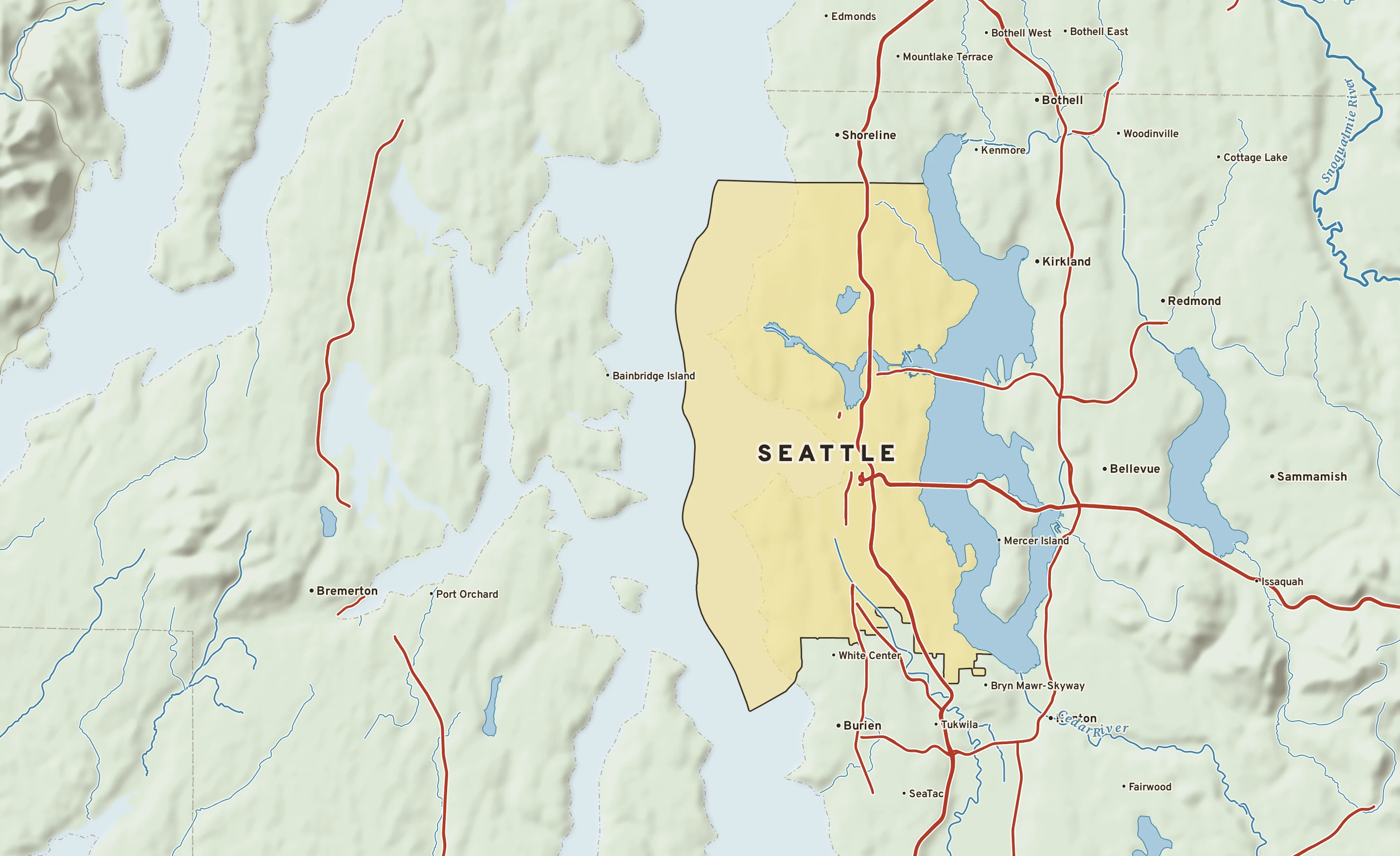 Shaded-relief atlas plate of Seattle, Washington: rivers, roads, the city limits and where the water drains.