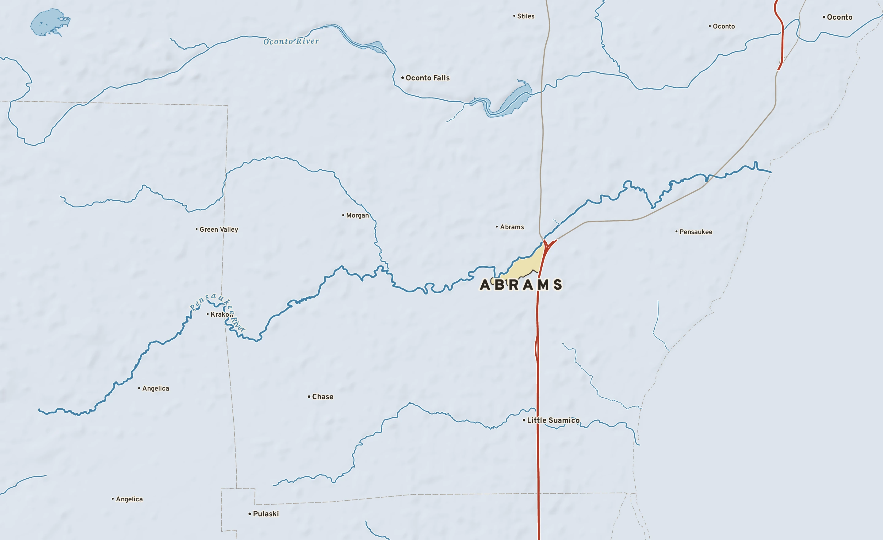Shaded-relief atlas plate of Abrams, Wisconsin: rivers, roads, the city limits and where the water drains.