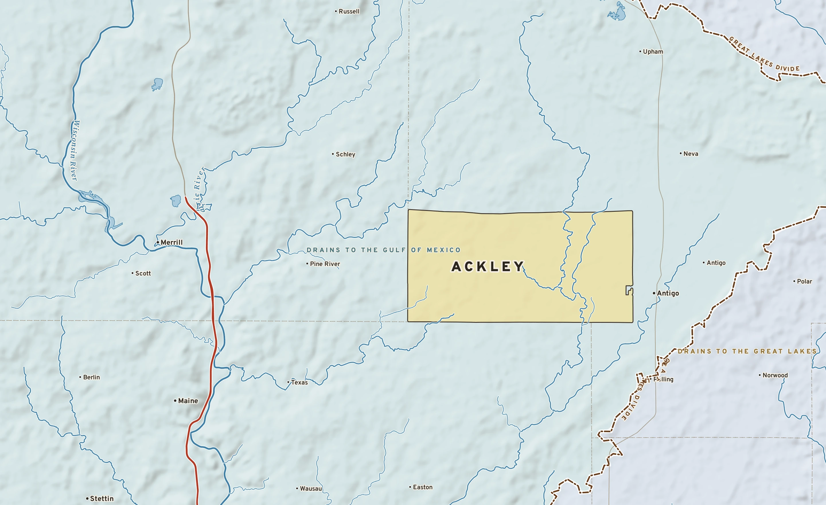Shaded-relief atlas plate of Ackley, Wisconsin: rivers, roads, the city limits and where the water drains.