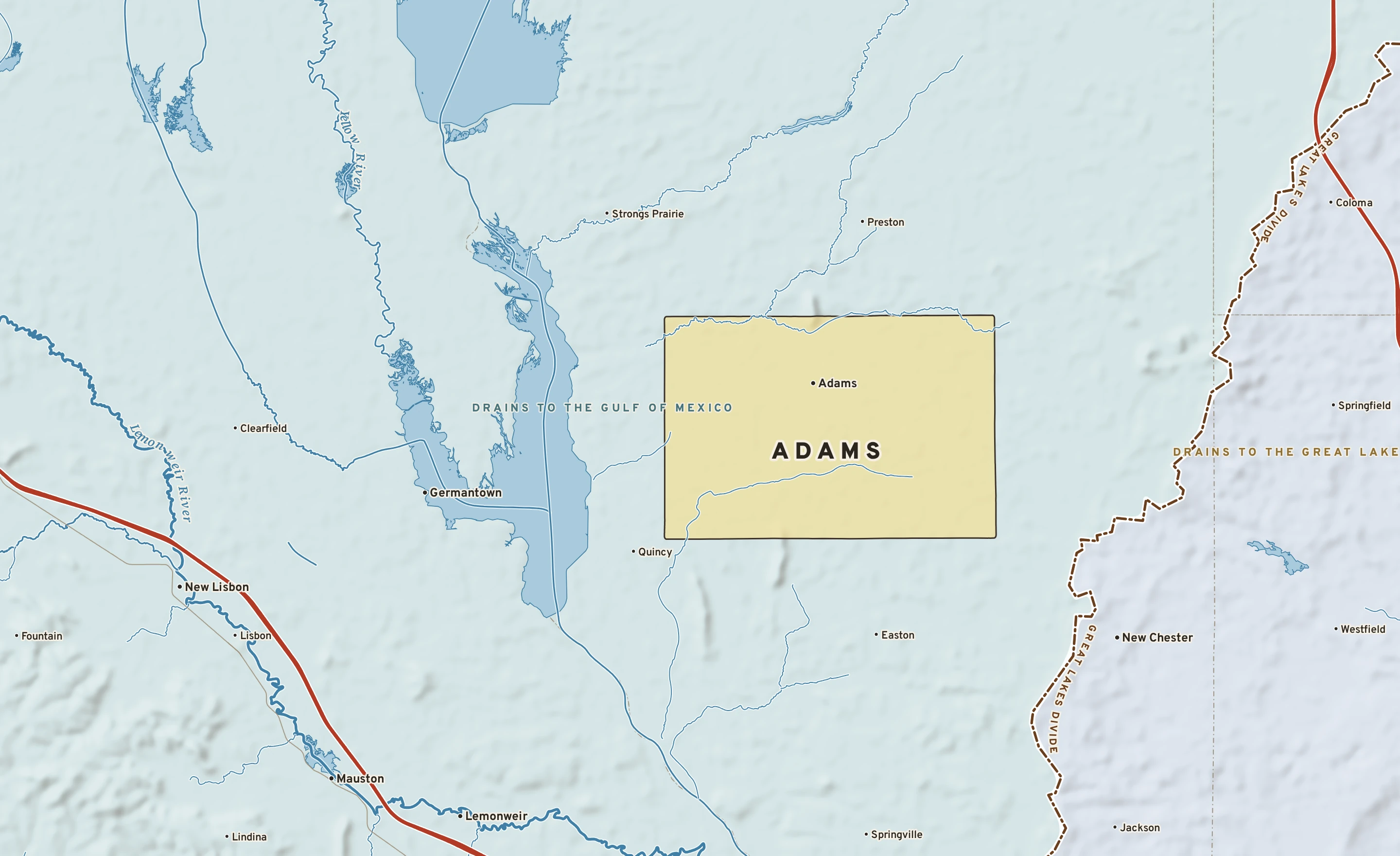 Shaded-relief atlas plate of Adams, Wisconsin: rivers, roads, the city limits and where the water drains.