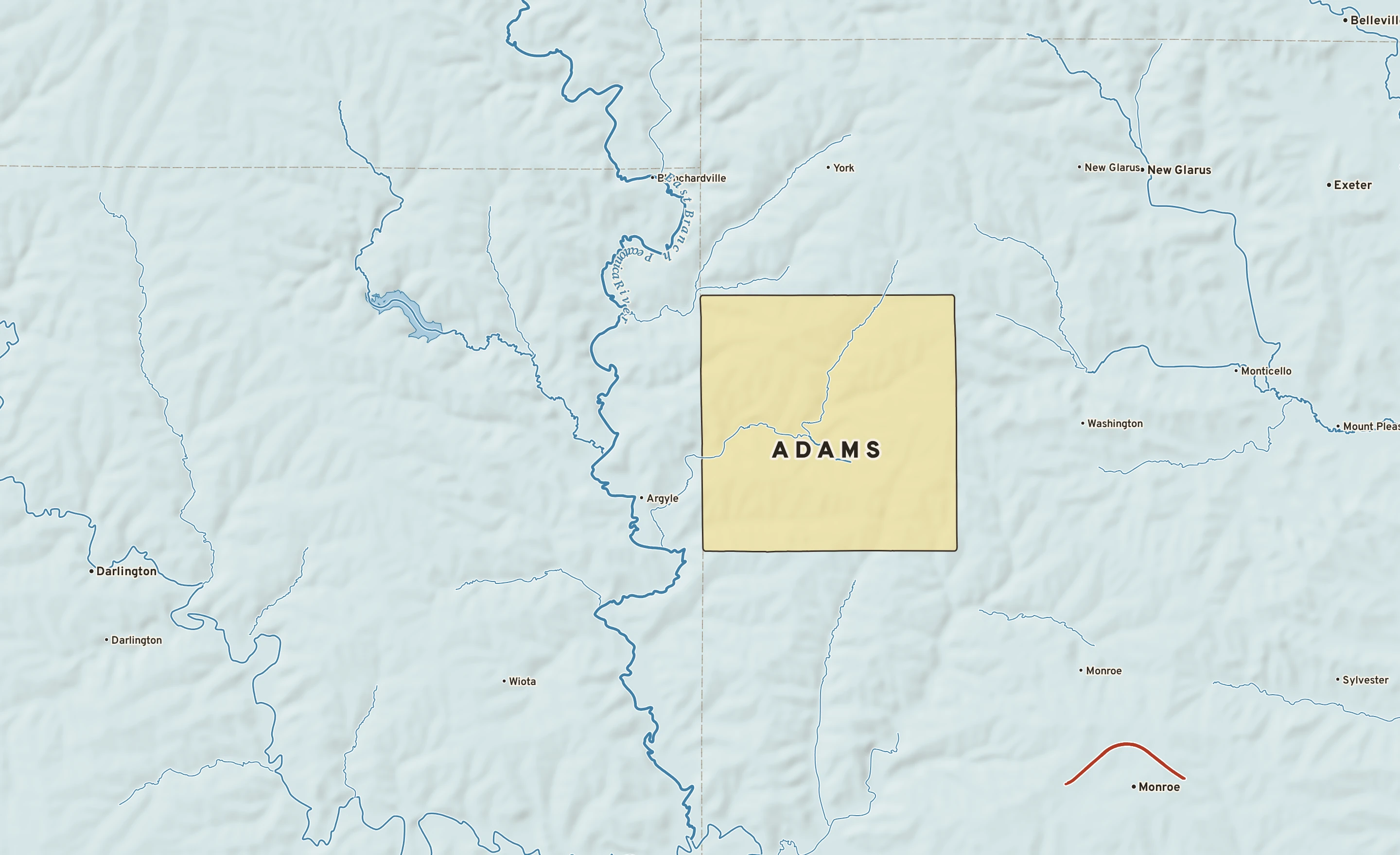 Shaded-relief atlas plate of Adams, Wisconsin: rivers, roads, the city limits and where the water drains.