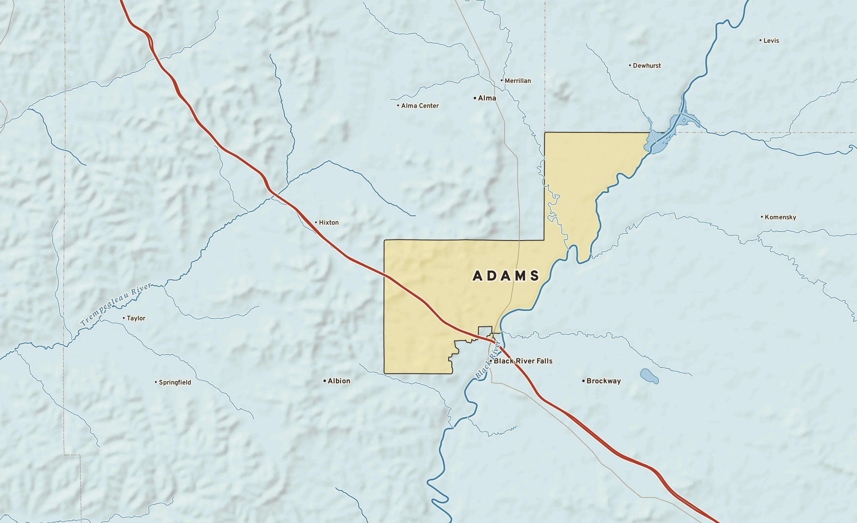Shaded-relief atlas plate of Adams, Wisconsin: rivers, roads, the city limits and where the water drains.