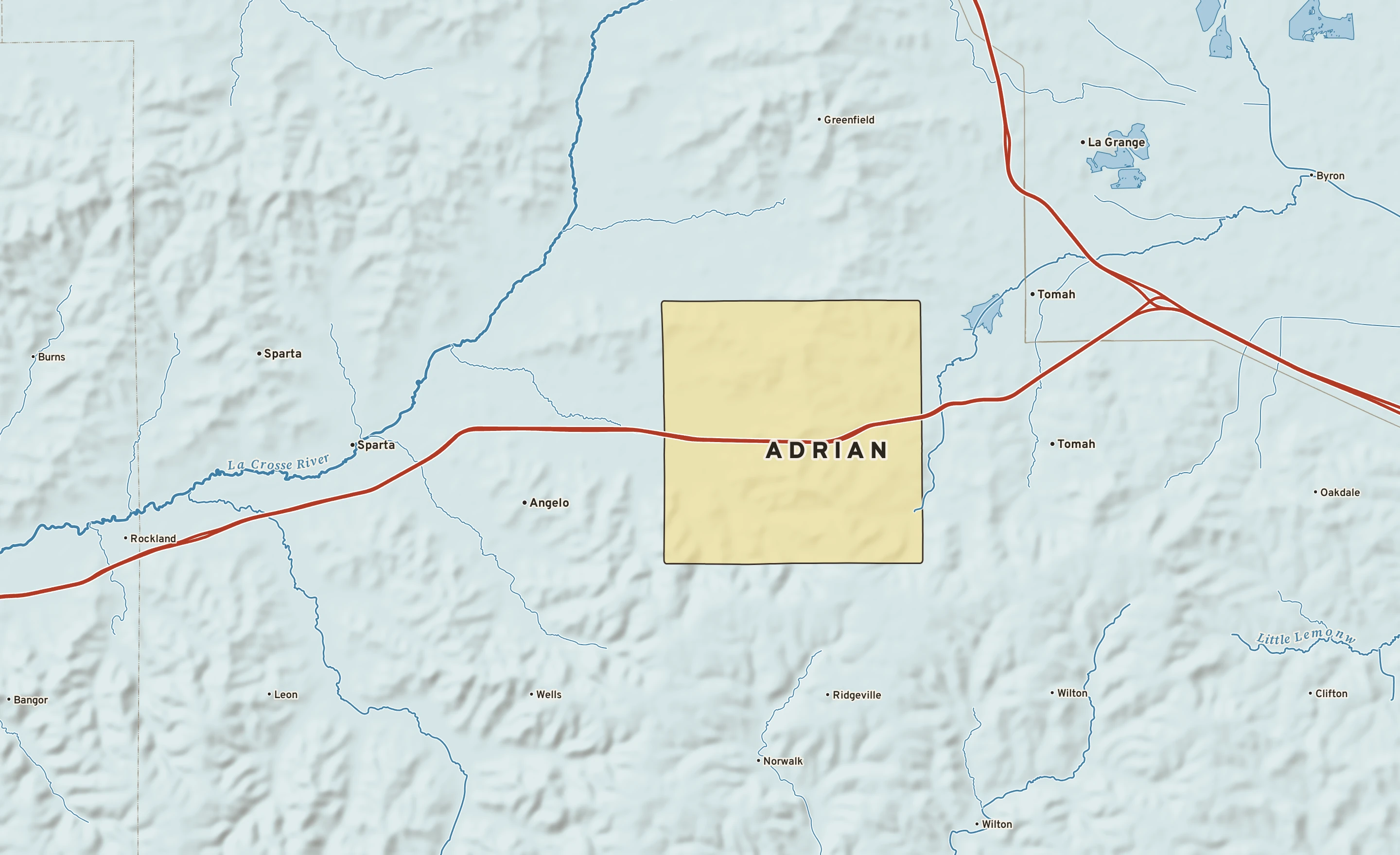 Shaded-relief atlas plate of Adrian, Wisconsin: rivers, roads, the city limits and where the water drains.