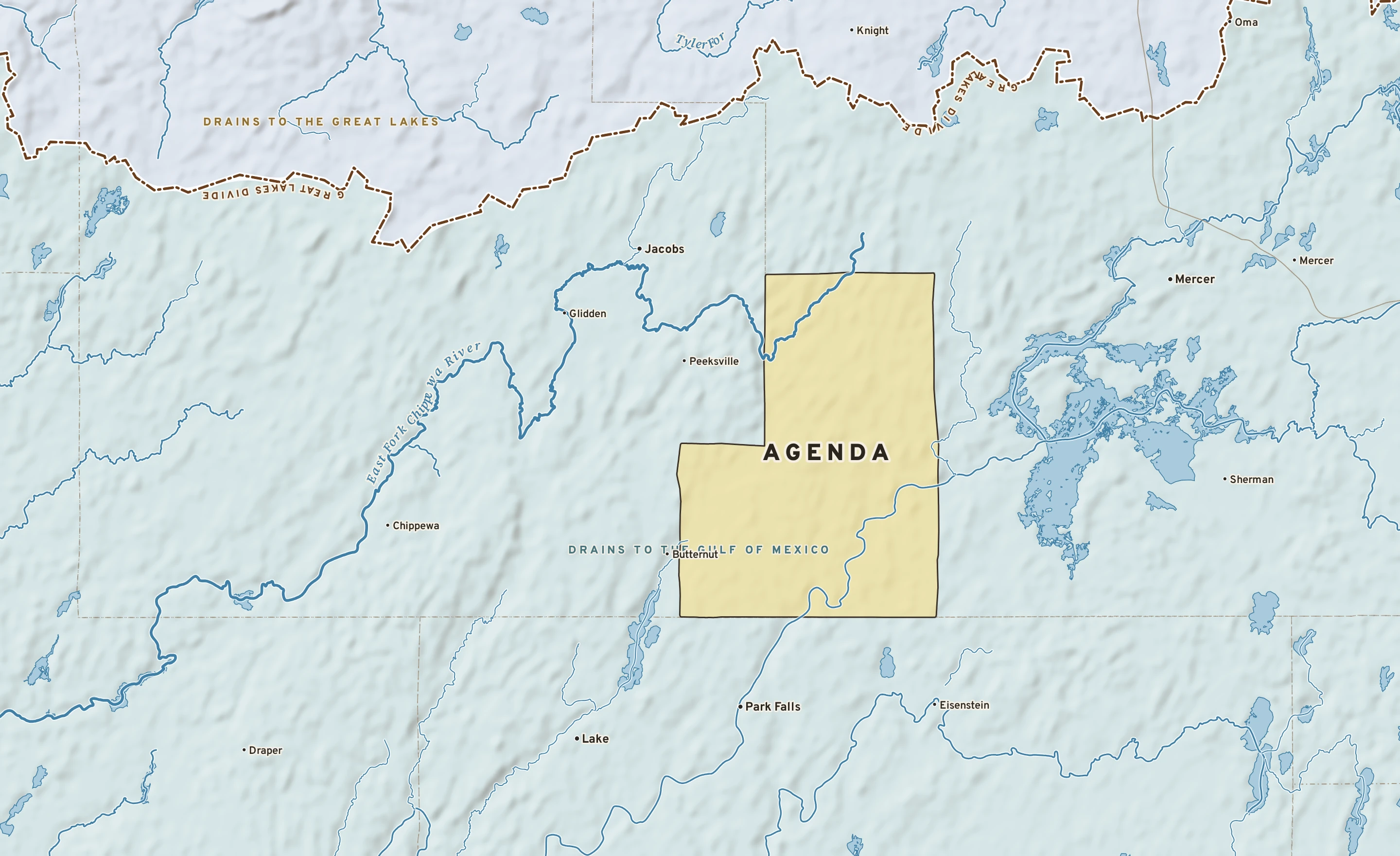 Shaded-relief atlas plate of Agenda, Wisconsin: rivers, roads, the city limits and where the water drains.