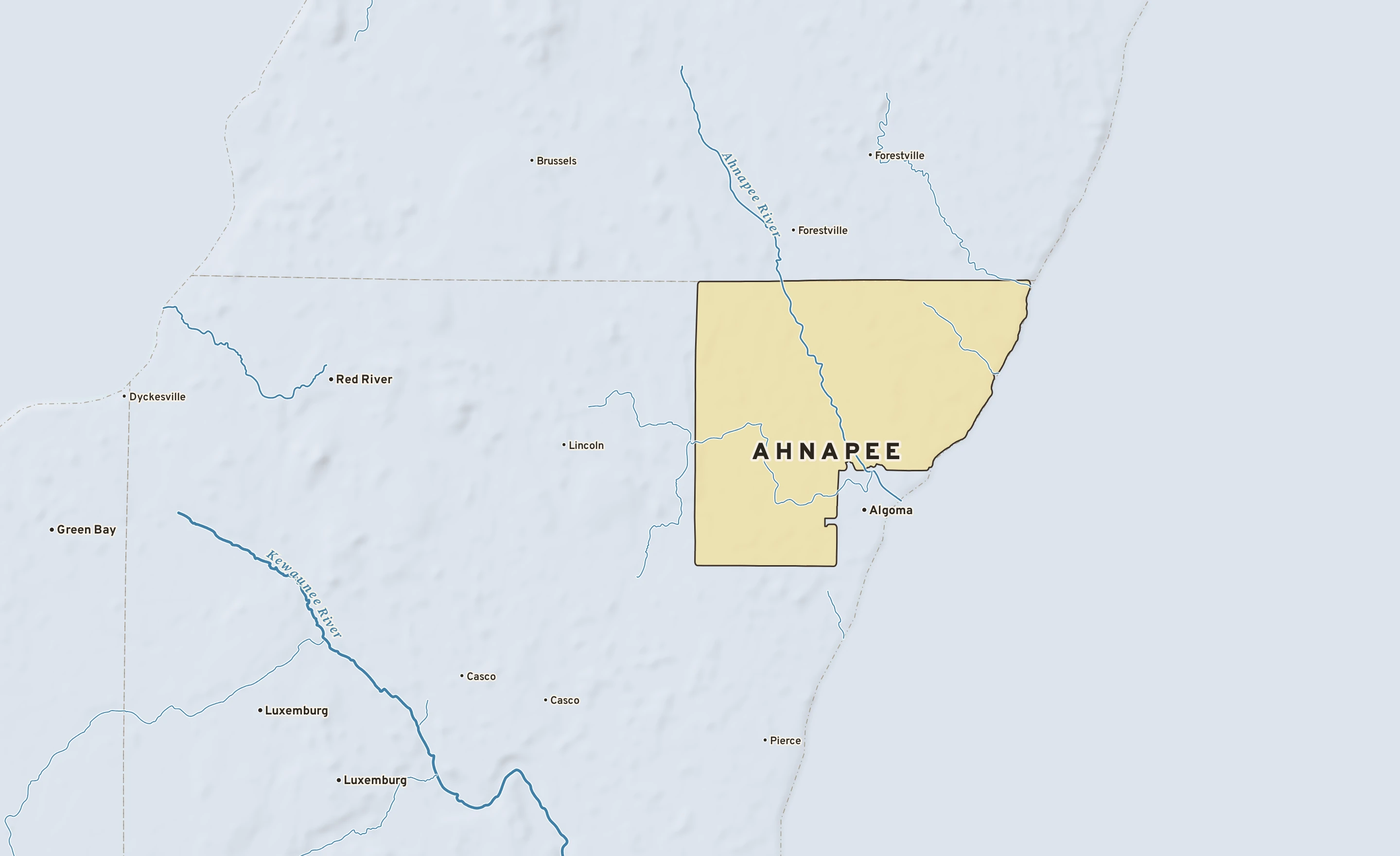 Shaded-relief atlas plate of Ahnapee, Wisconsin: rivers, roads, the city limits and where the water drains.