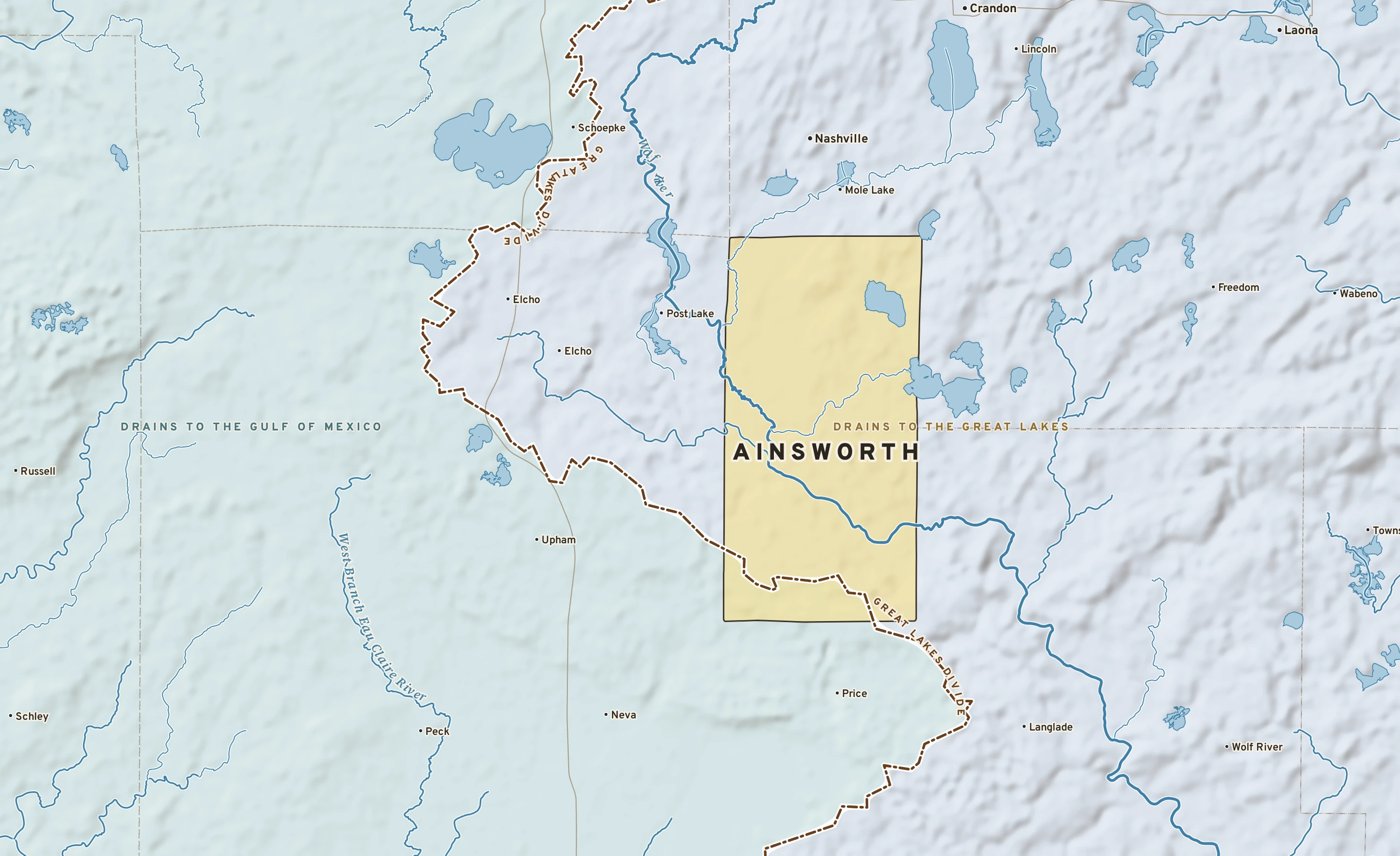 Shaded-relief atlas plate of Ainsworth, Wisconsin: rivers, roads, the city limits and where the water drains.