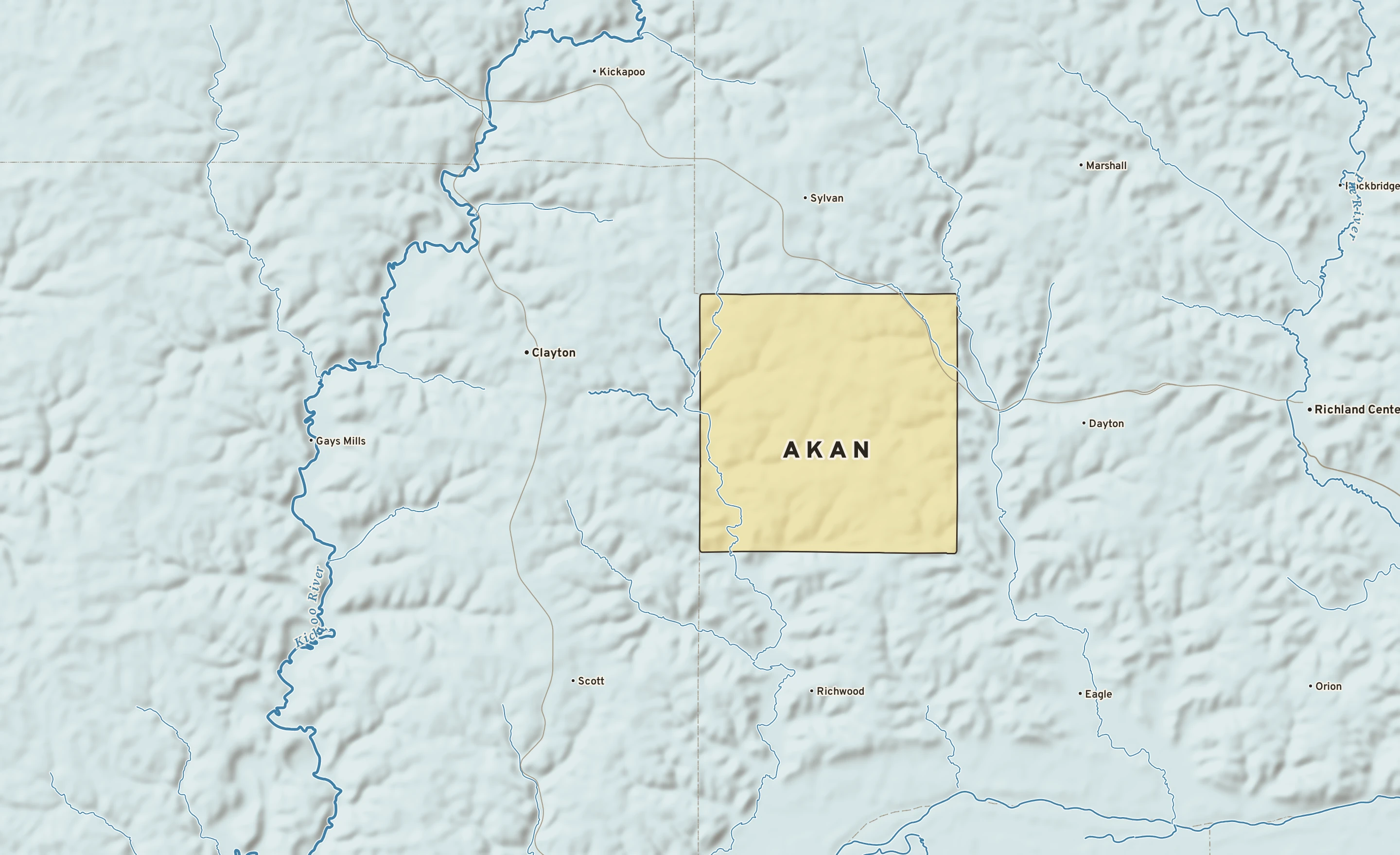 Shaded-relief atlas plate of Akan, Wisconsin: rivers, roads, the city limits and where the water drains.