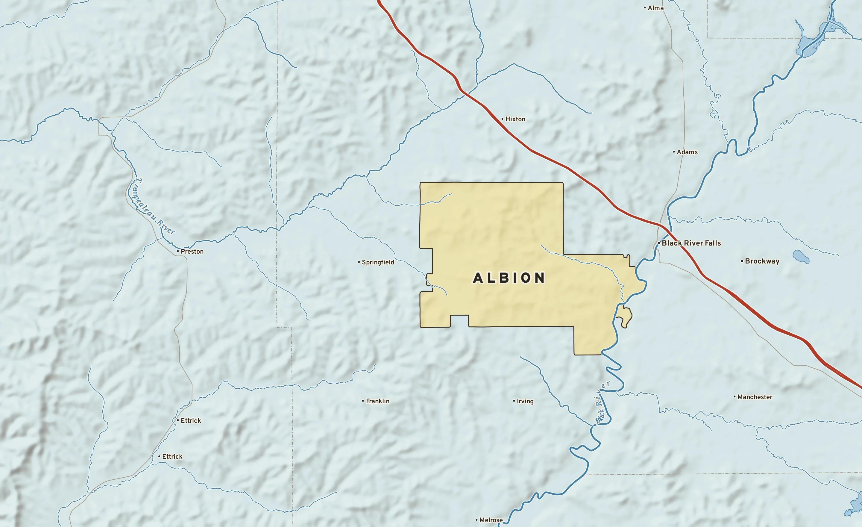 Shaded-relief atlas plate of Albion, Wisconsin: rivers, roads, the city limits and where the water drains.