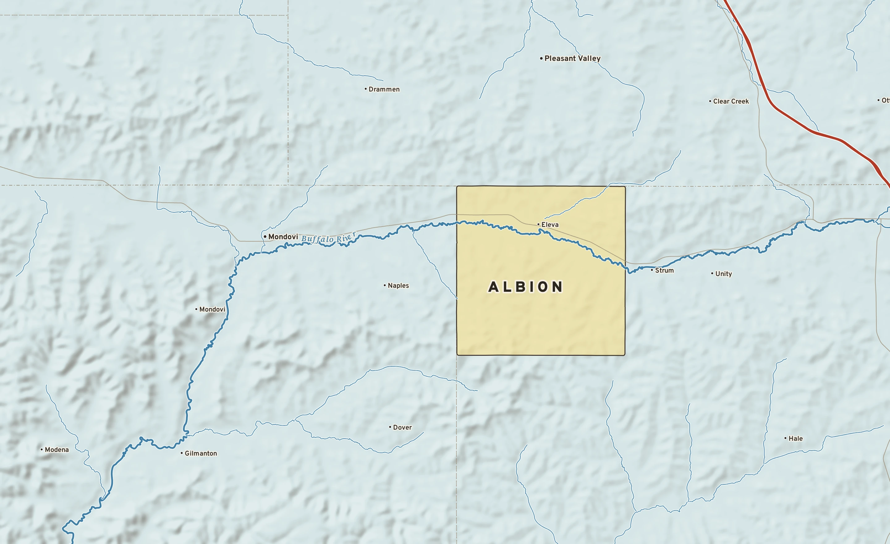 Shaded-relief atlas plate of Albion, Wisconsin: rivers, roads, the city limits and where the water drains.