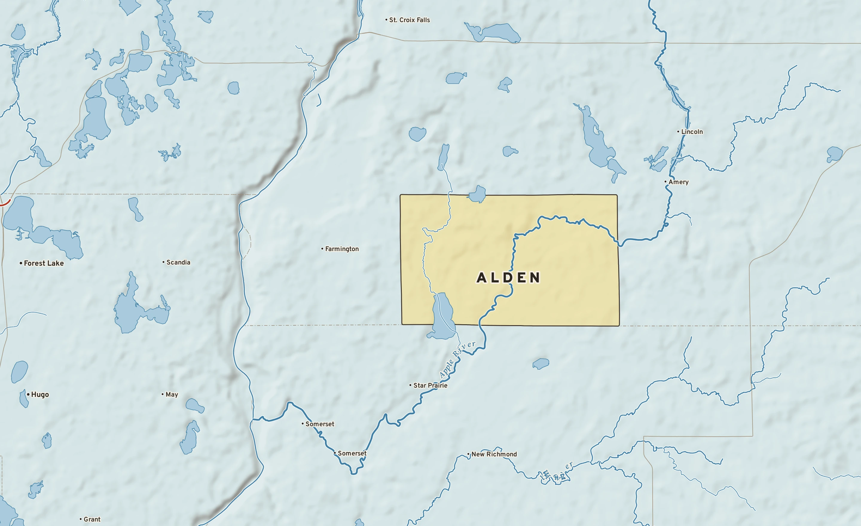 Shaded-relief atlas plate of Alden, Wisconsin: rivers, roads, the city limits and where the water drains.