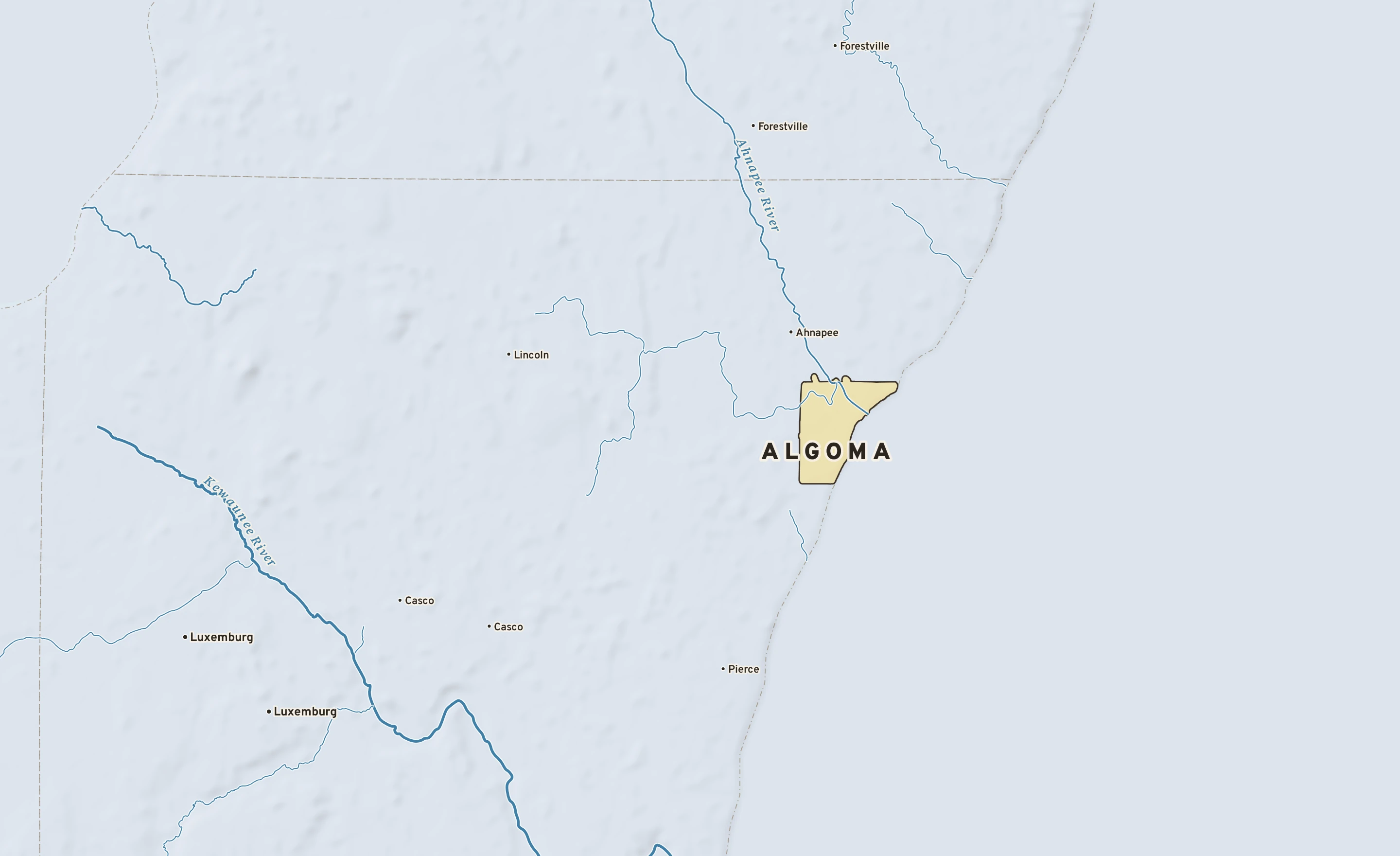 Shaded-relief atlas plate of Algoma, Wisconsin: rivers, roads, the city limits and where the water drains.