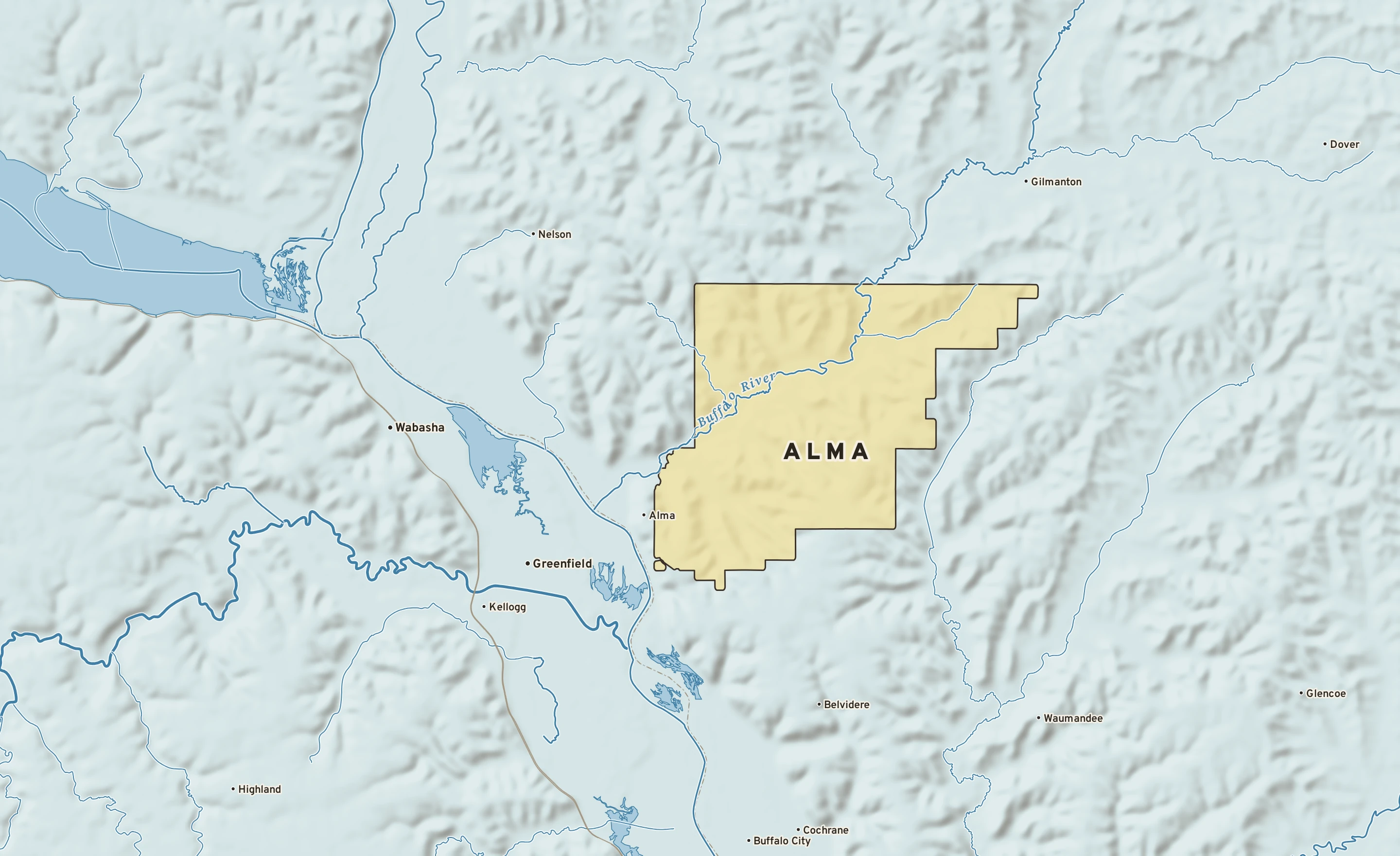 Shaded-relief atlas plate of Alma, Wisconsin: rivers, roads, the city limits and where the water drains.