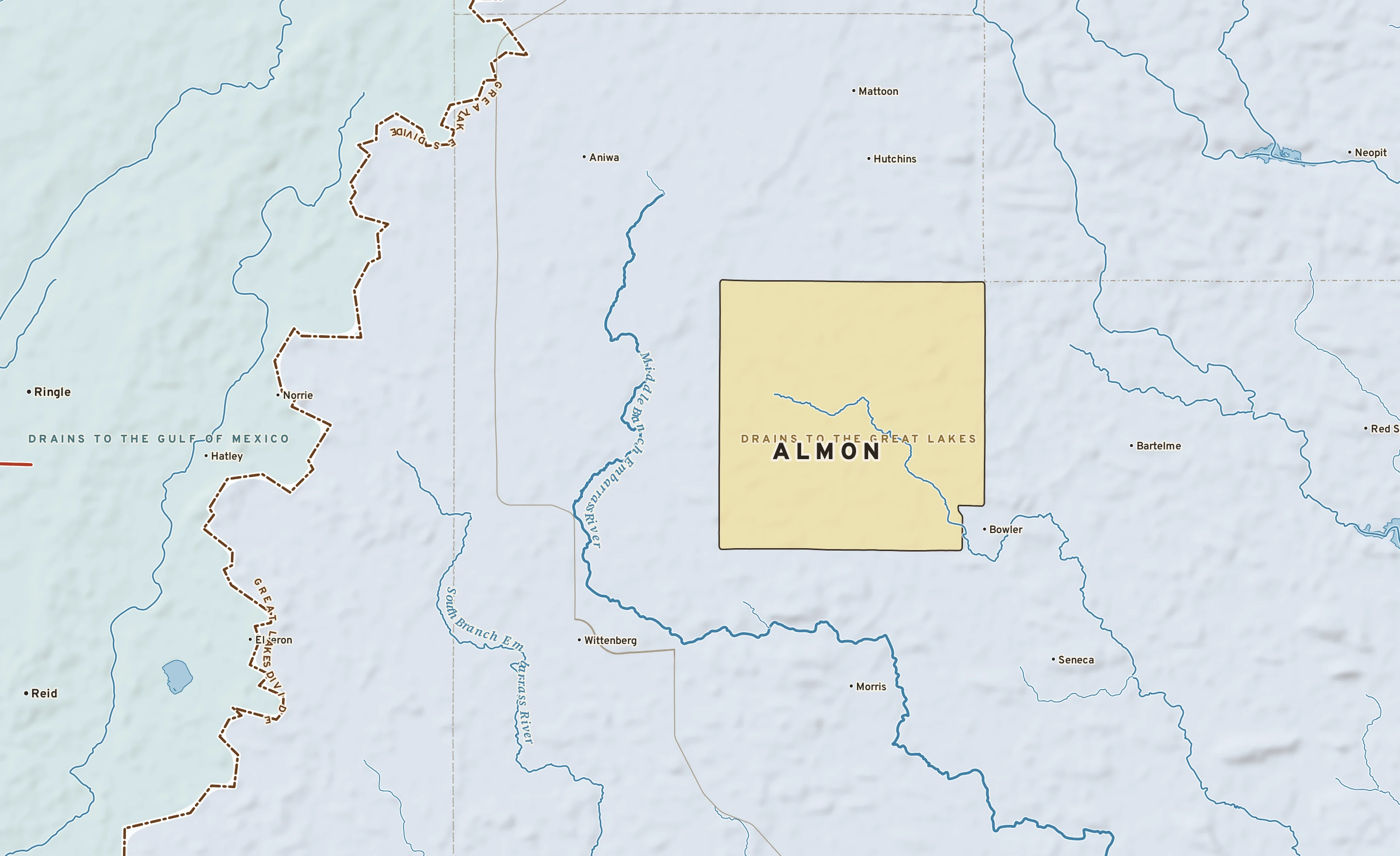 Shaded-relief atlas plate of Almon, Wisconsin: rivers, roads, the city limits and where the water drains.