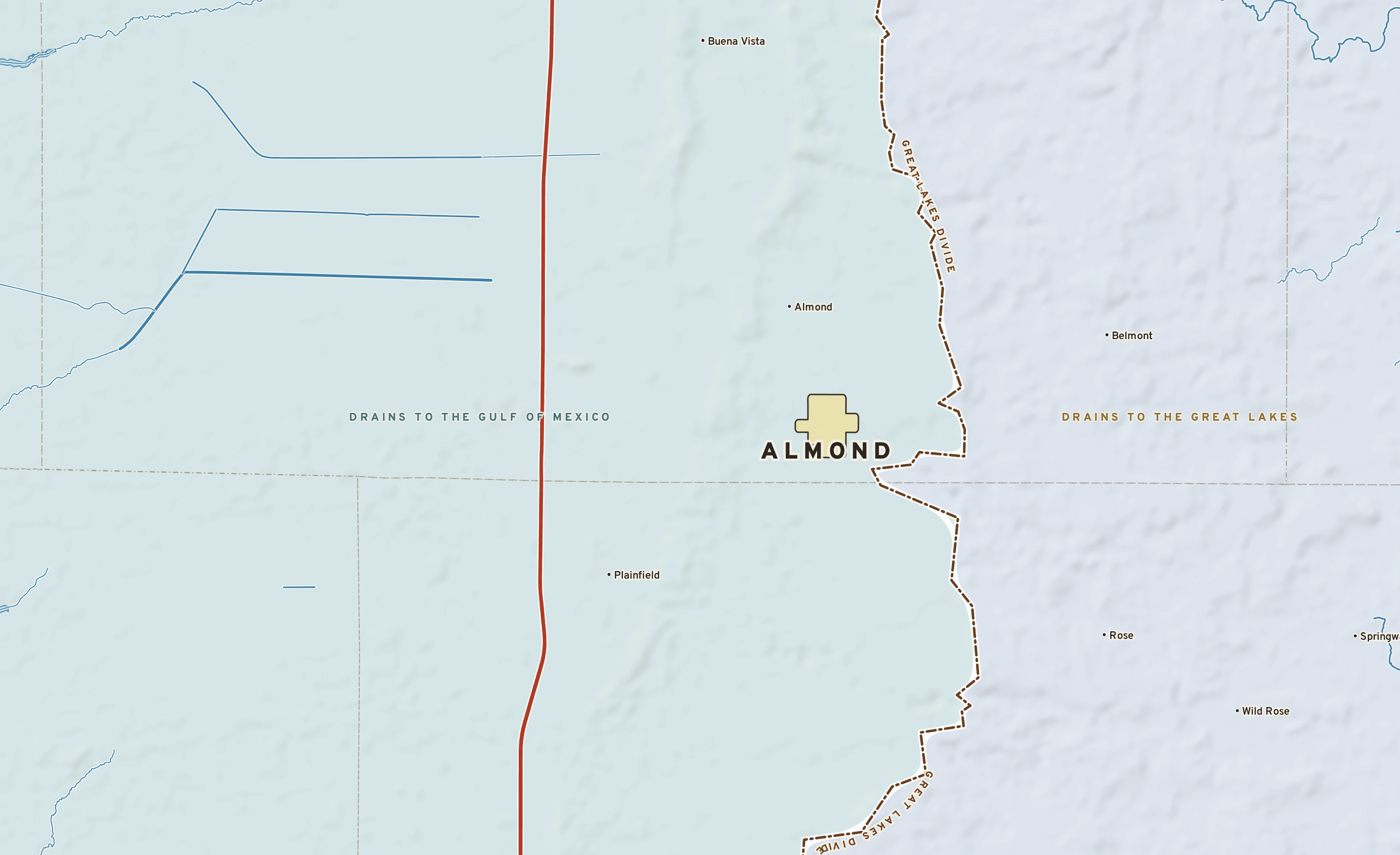 Shaded-relief atlas plate of Almond, Wisconsin: rivers, roads, the city limits and where the water drains.