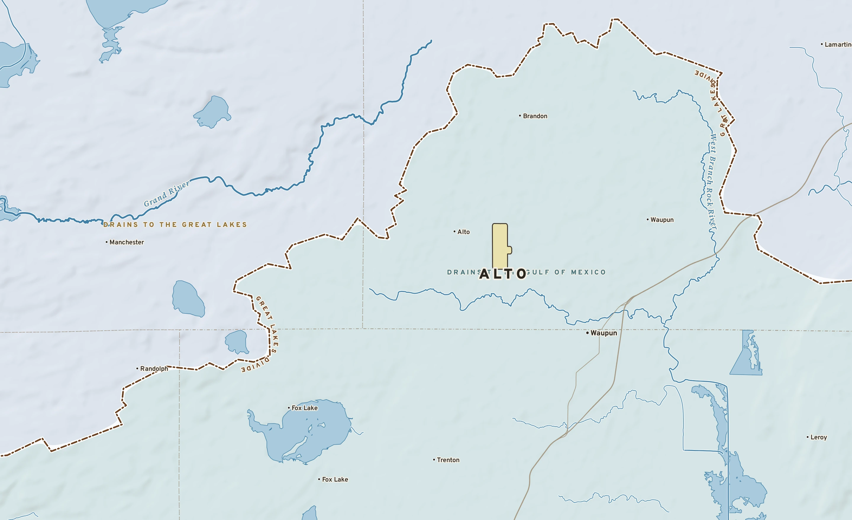 Shaded-relief atlas plate of Alto, Wisconsin: rivers, roads, the city limits and where the water drains.