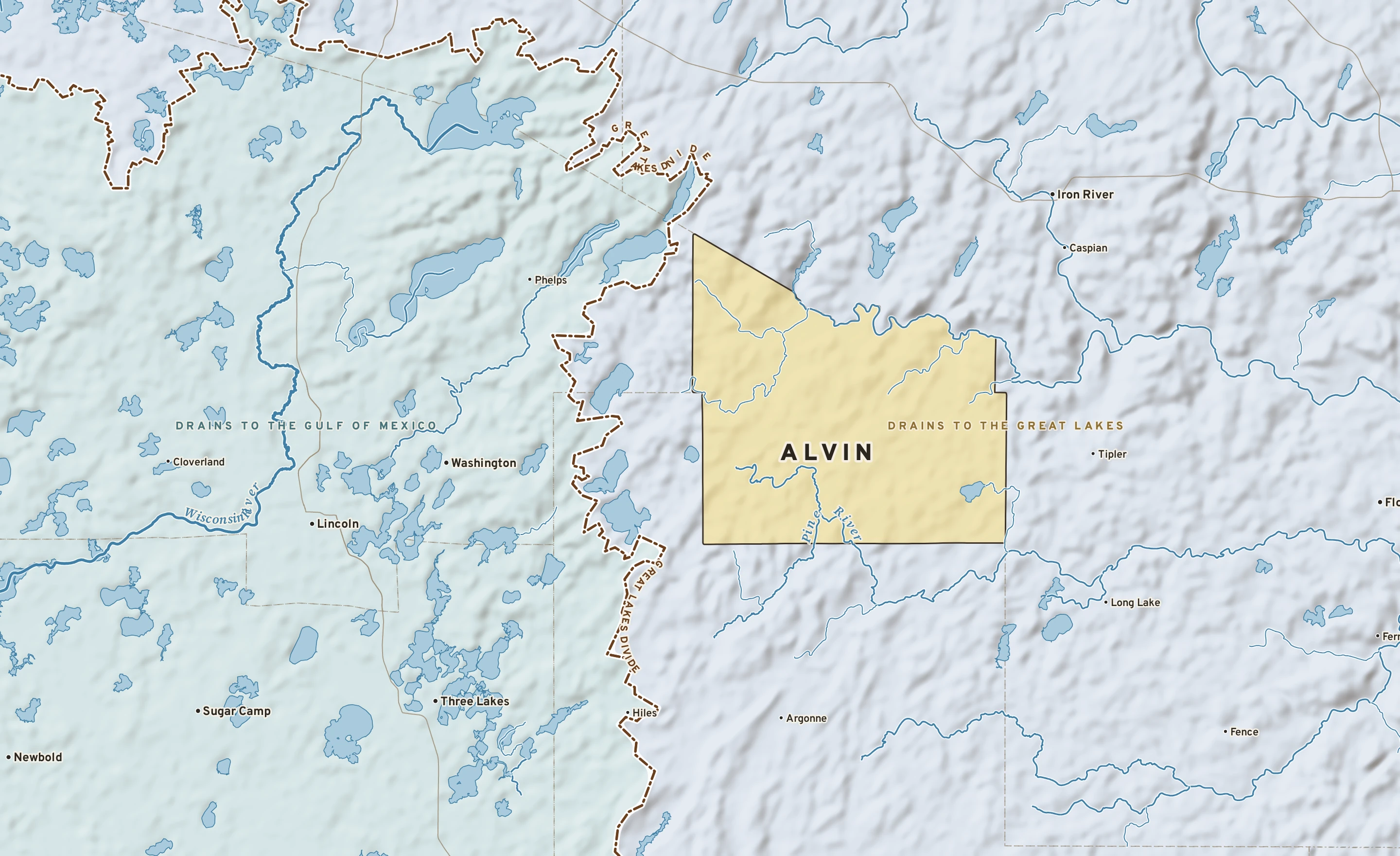 Shaded-relief atlas plate of Alvin, Wisconsin: rivers, roads, the city limits and where the water drains.