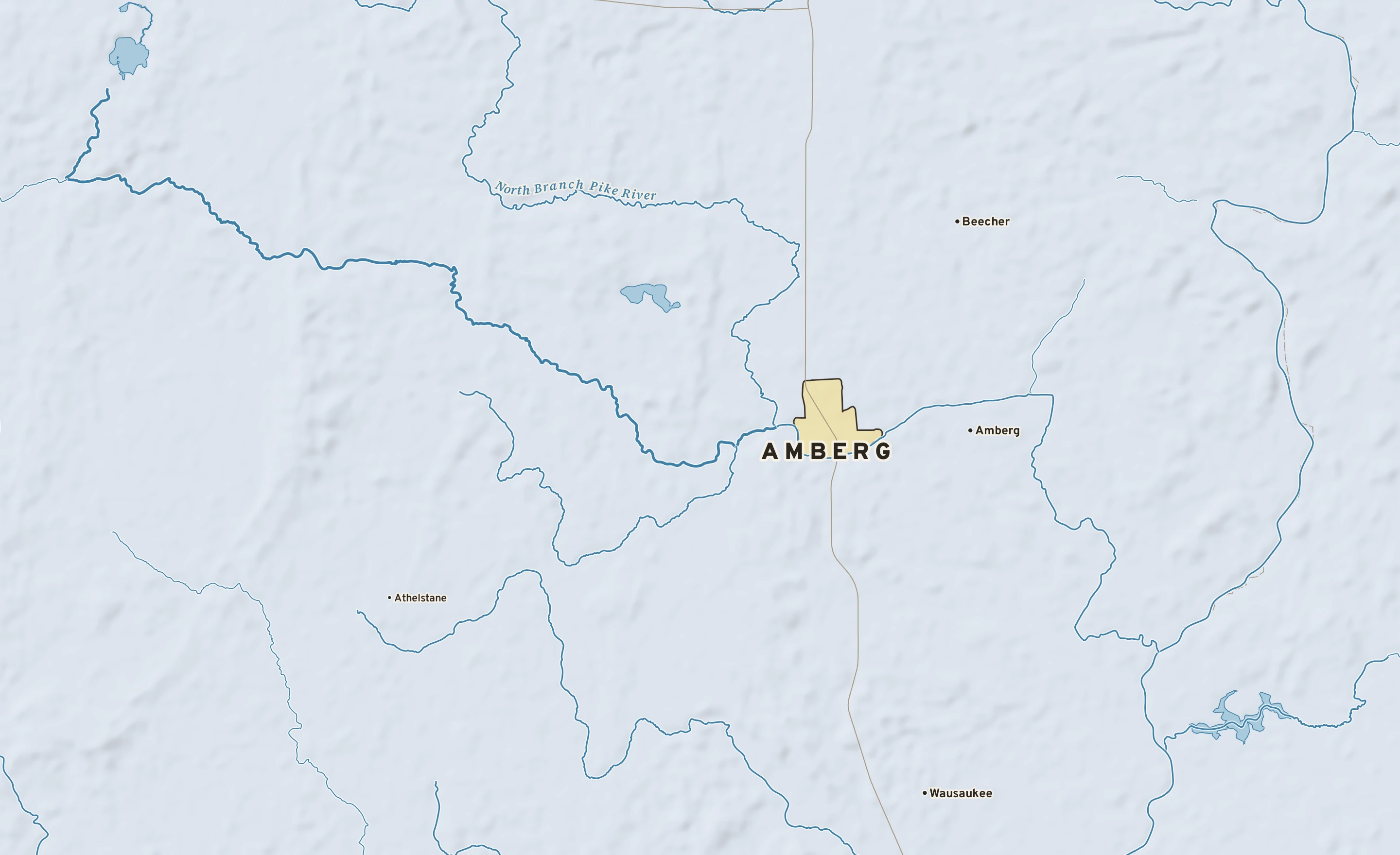 Shaded-relief atlas plate of Amberg, Wisconsin: rivers, roads, the city limits and where the water drains.