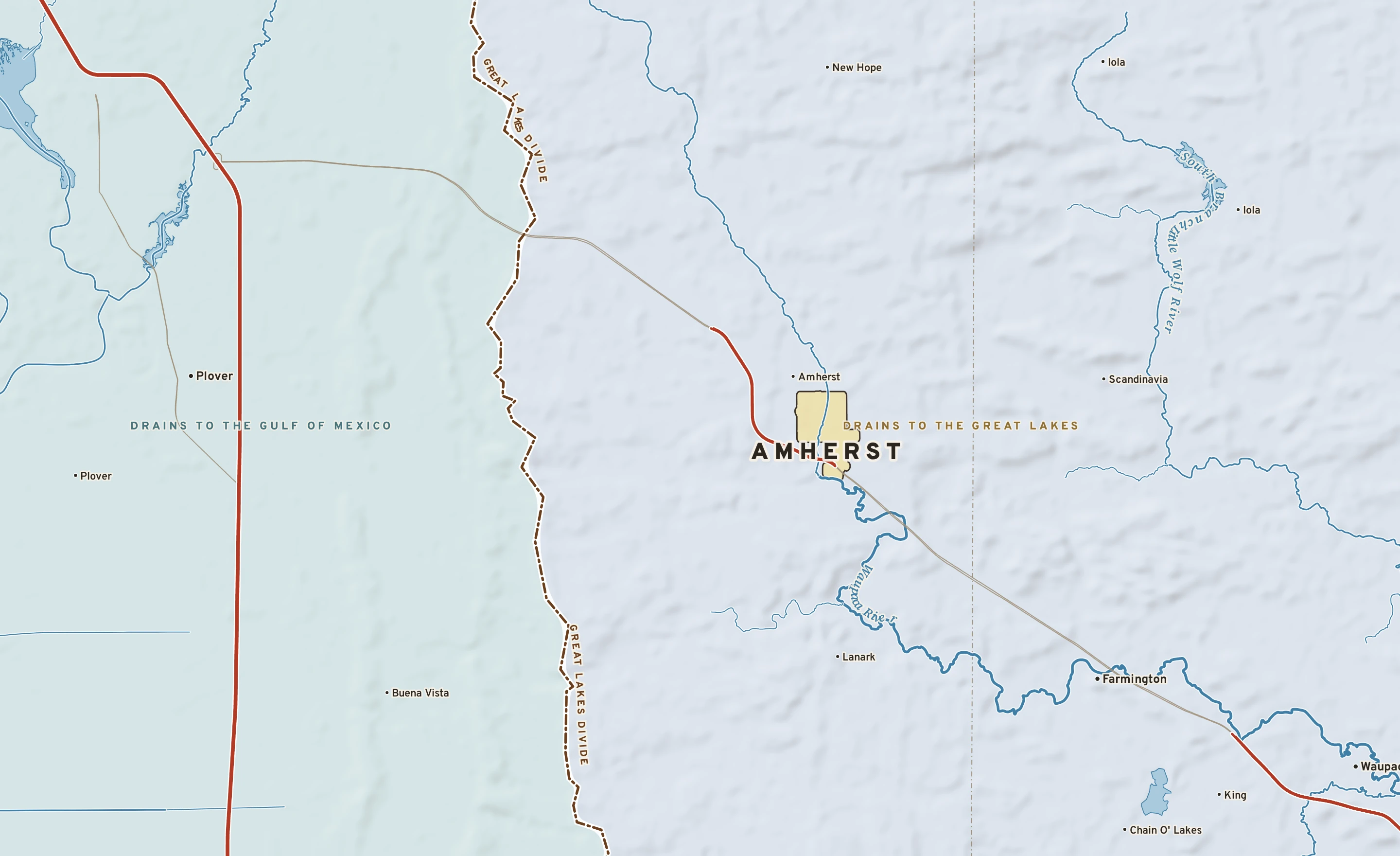 Shaded-relief atlas plate of Amherst, Wisconsin: rivers, roads, the city limits and where the water drains.