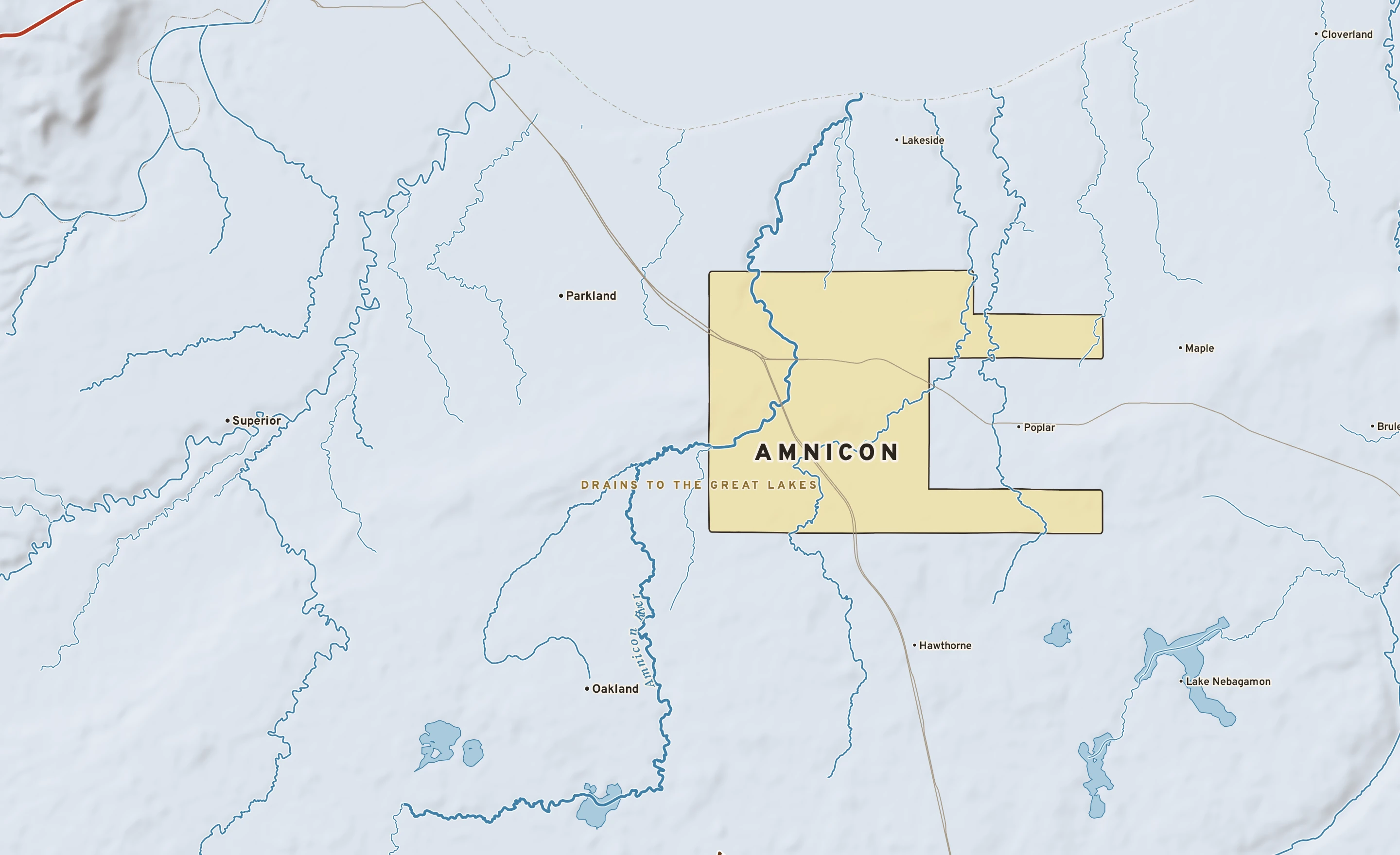 Shaded-relief atlas plate of Amnicon, Wisconsin: rivers, roads, the city limits and where the water drains.