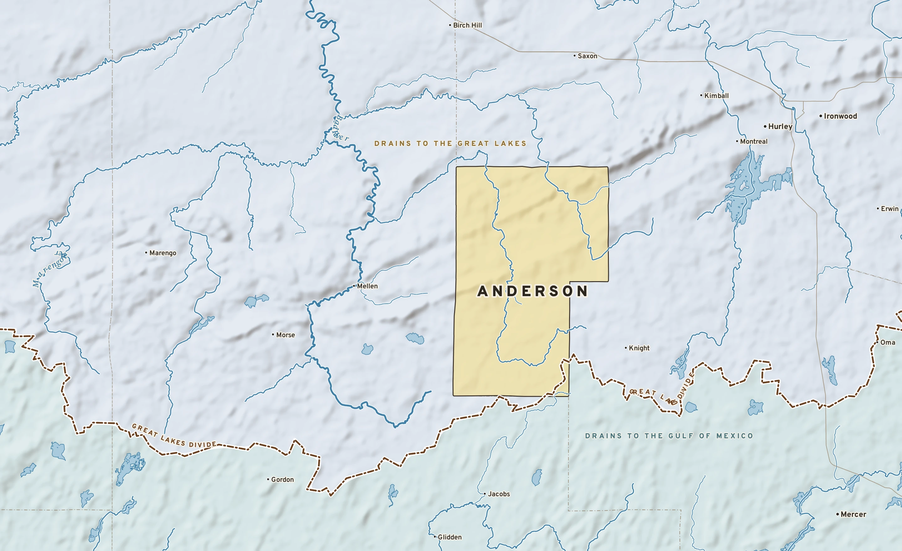 Shaded-relief atlas plate of Anderson, Wisconsin: rivers, roads, the city limits and where the water drains.