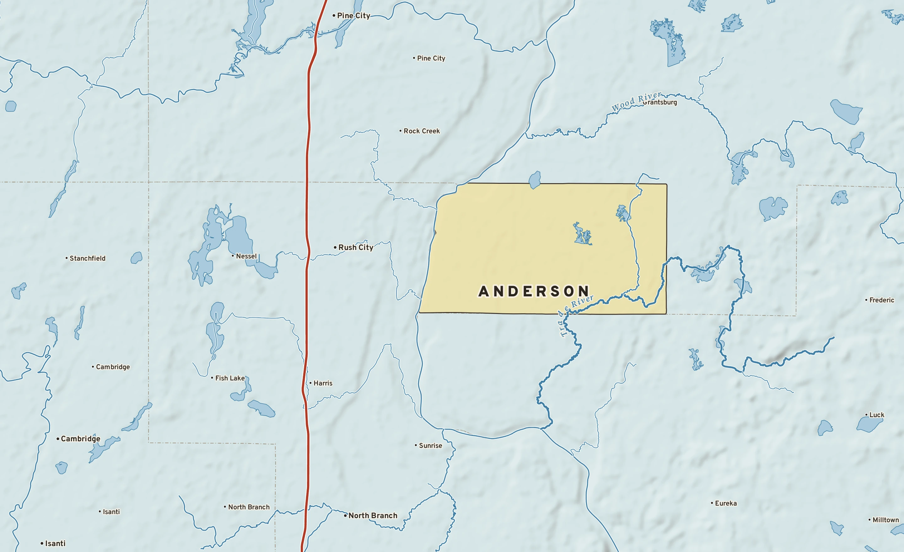Shaded-relief atlas plate of Anderson, Wisconsin: rivers, roads, the city limits and where the water drains.