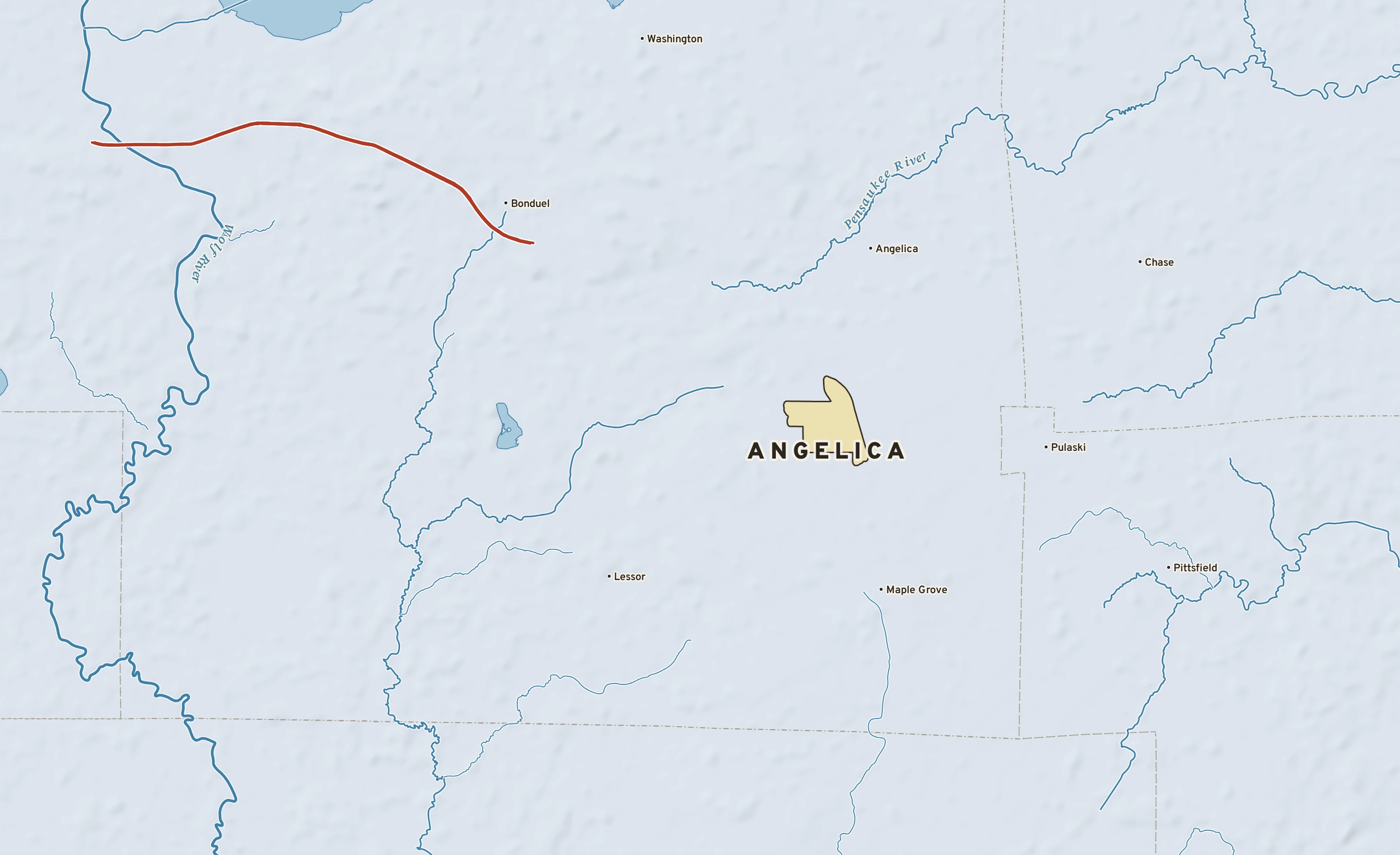 Shaded-relief atlas plate of Angelica, Wisconsin: rivers, roads, the city limits and where the water drains.