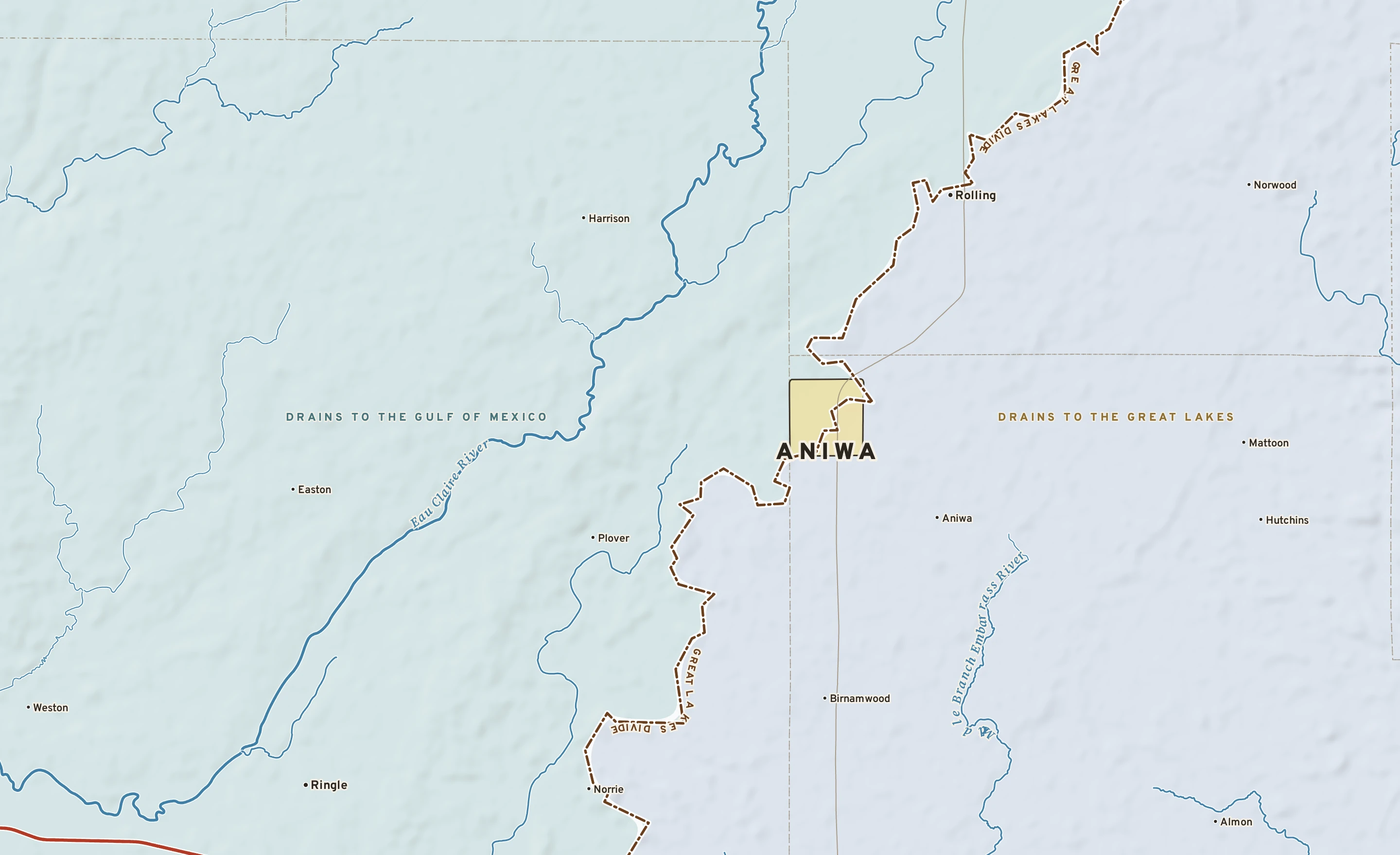 Shaded-relief atlas plate of Aniwa, Wisconsin: rivers, roads, the city limits and where the water drains.