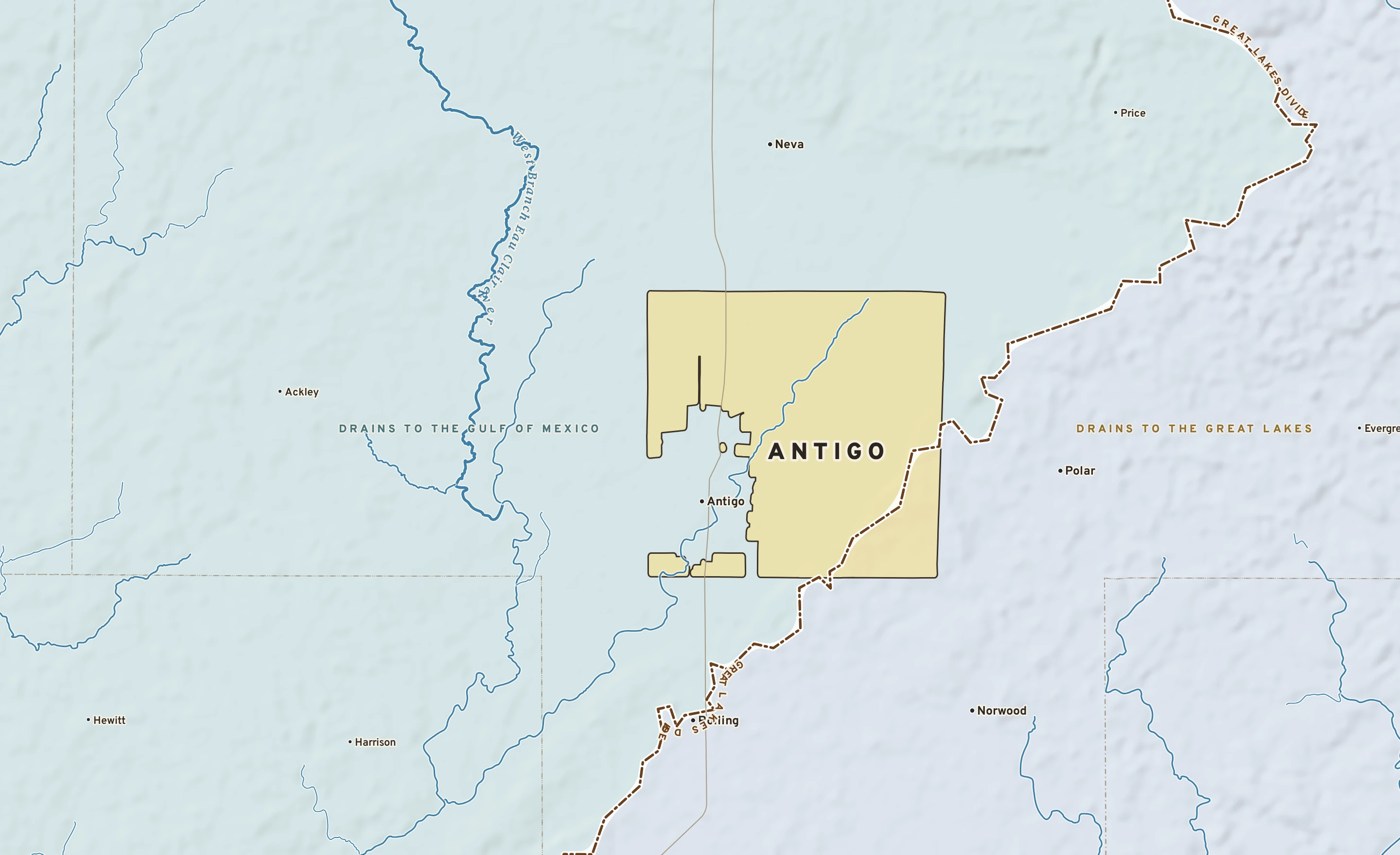 Shaded-relief atlas plate of Antigo, Wisconsin: rivers, roads, the city limits and where the water drains.