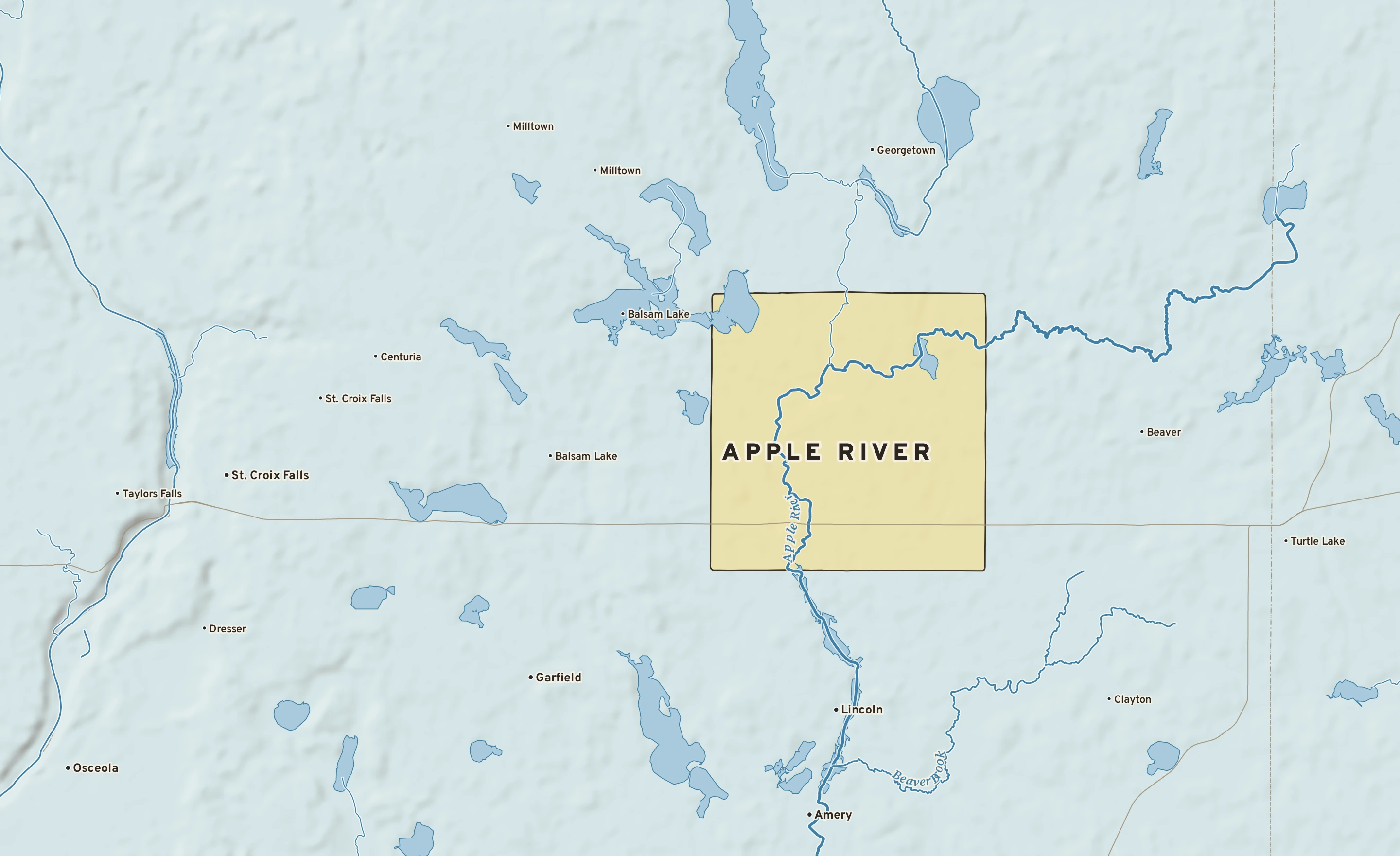 Shaded-relief atlas plate of Apple River, Wisconsin: rivers, roads, the city limits and where the water drains.