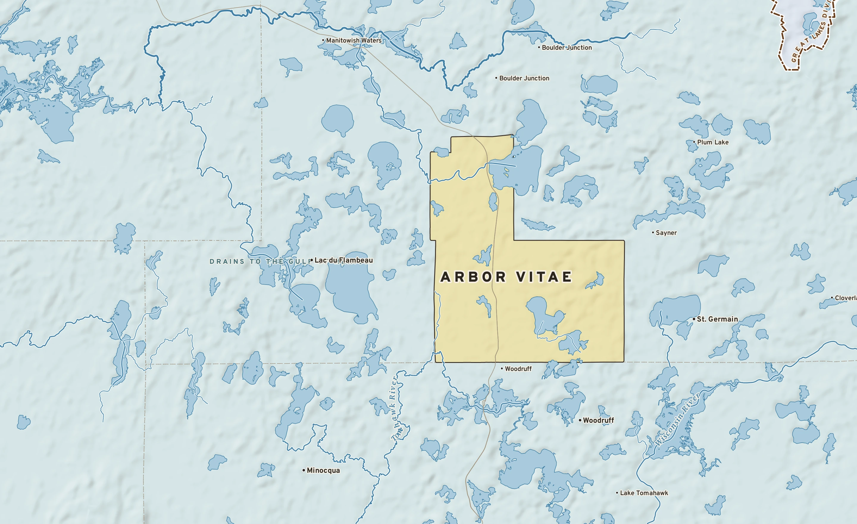 Shaded-relief atlas plate of Arbor Vitae, Wisconsin: rivers, roads, the city limits and where the water drains.