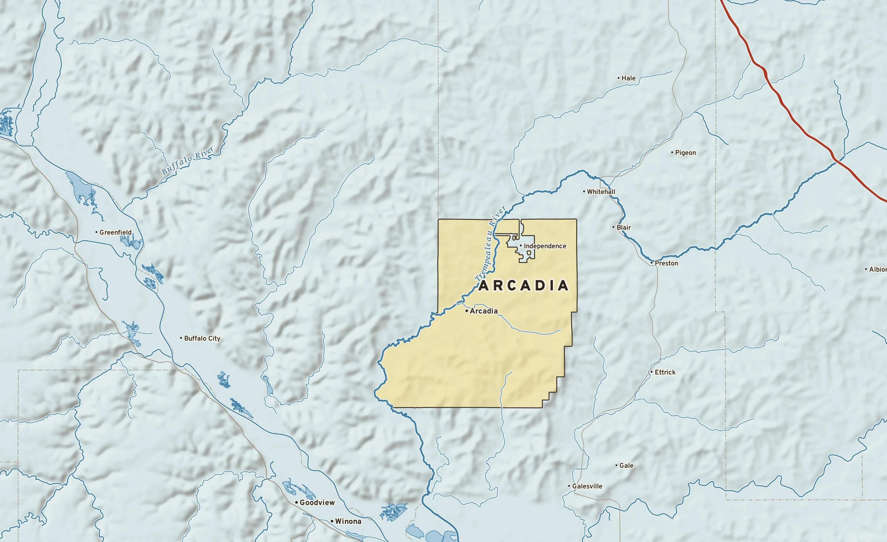 Shaded-relief atlas plate of Arcadia, Wisconsin: rivers, roads, the city limits and where the water drains.