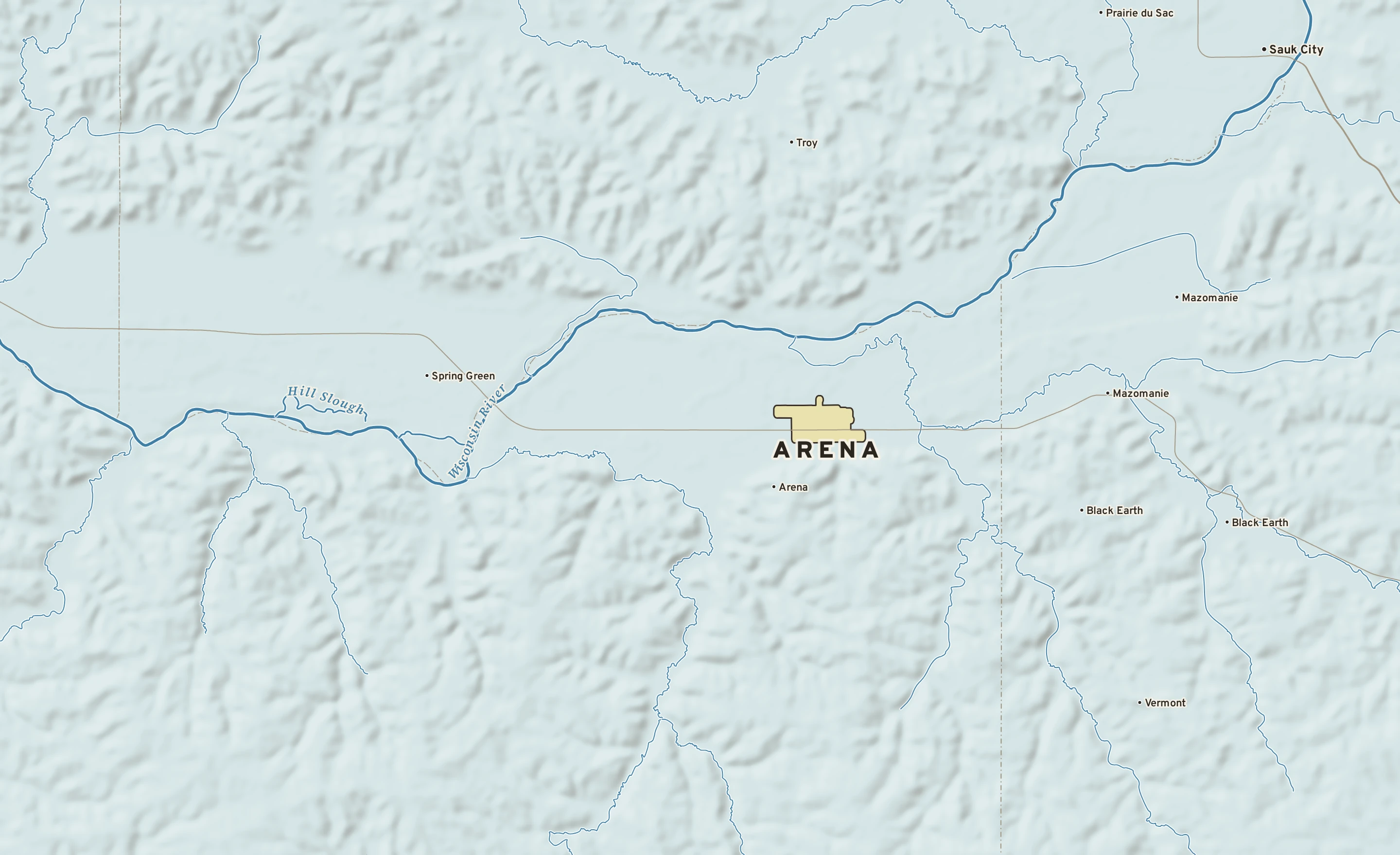 Shaded-relief atlas plate of Arena, Wisconsin: rivers, roads, the city limits and where the water drains.