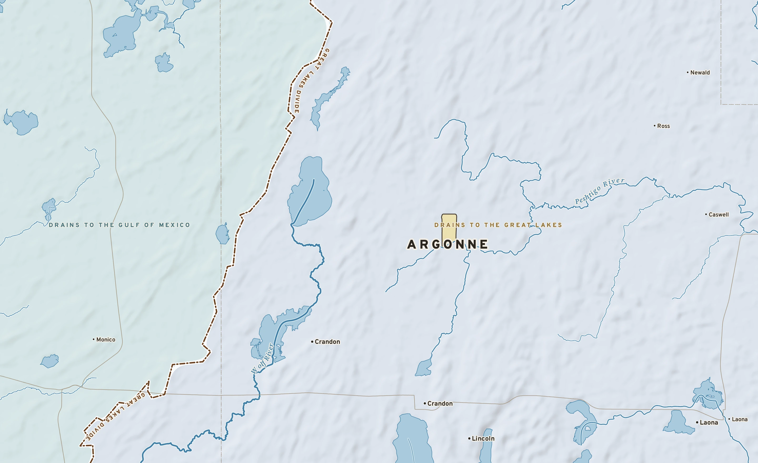 Shaded-relief atlas plate of Argonne, Wisconsin: rivers, roads, the city limits and where the water drains.