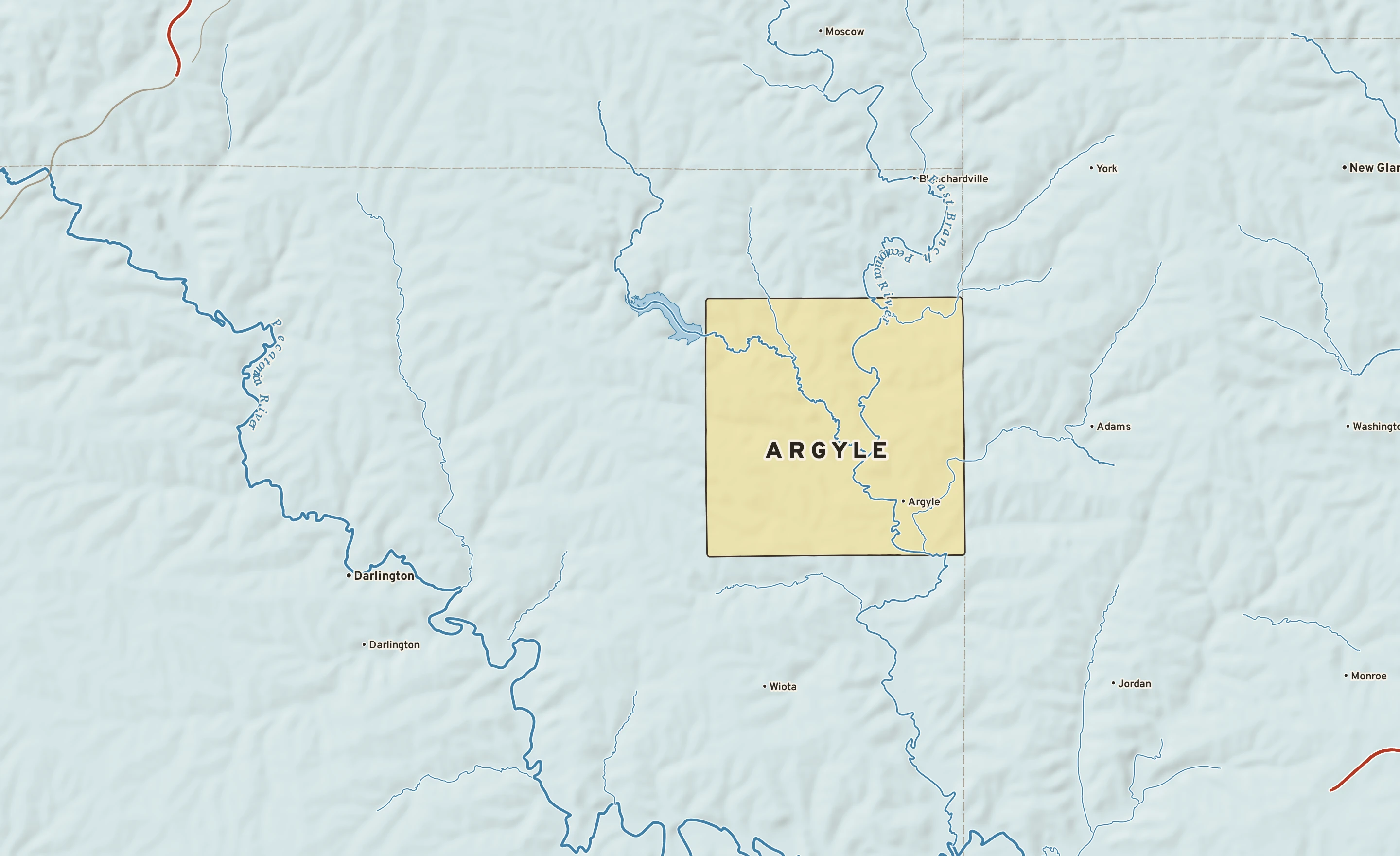 Shaded-relief atlas plate of Argyle, Wisconsin: rivers, roads, the city limits and where the water drains.